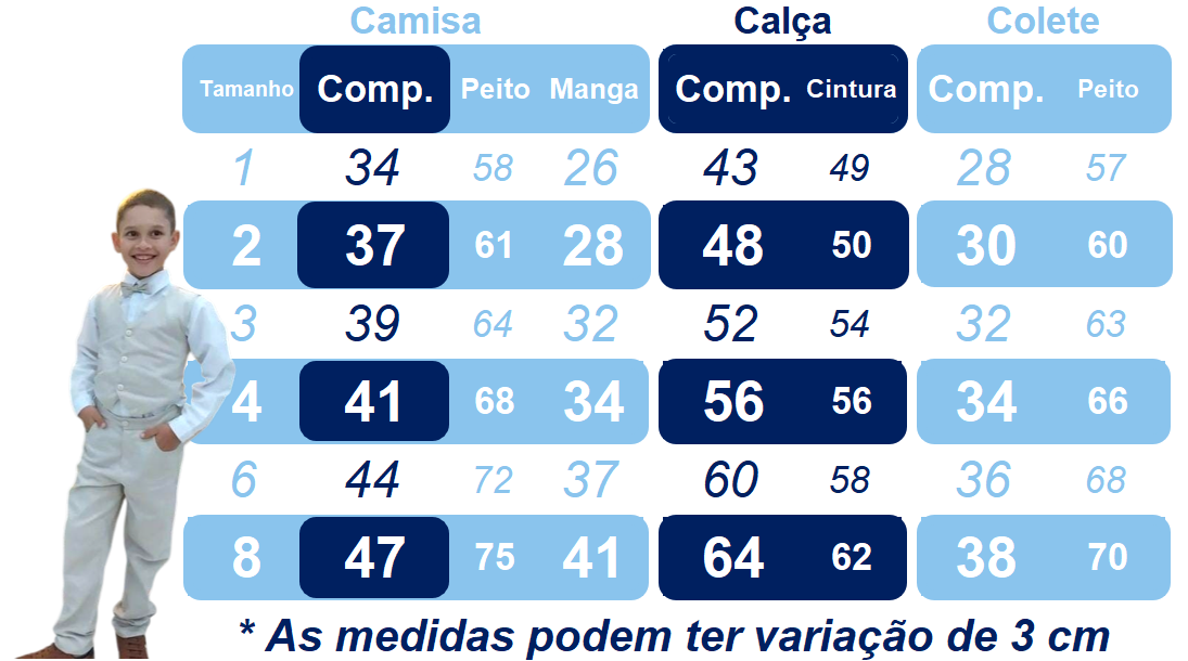 Conjunto Social Pajem Camisa Branca Calça e Colete Azul Escuro