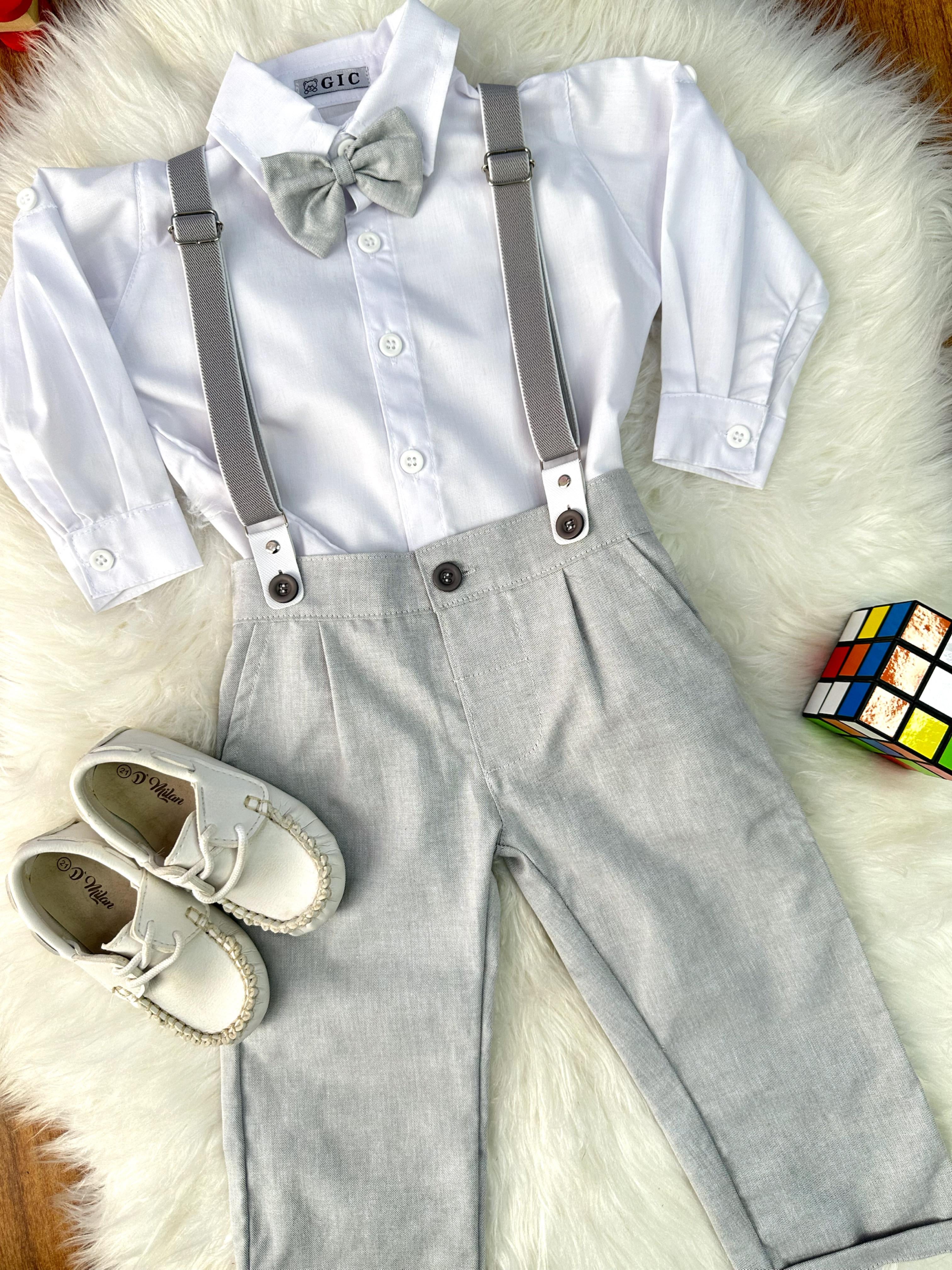 Conjunto Social Pajem Camisa Branca Calça e Susp. Cinza Claro