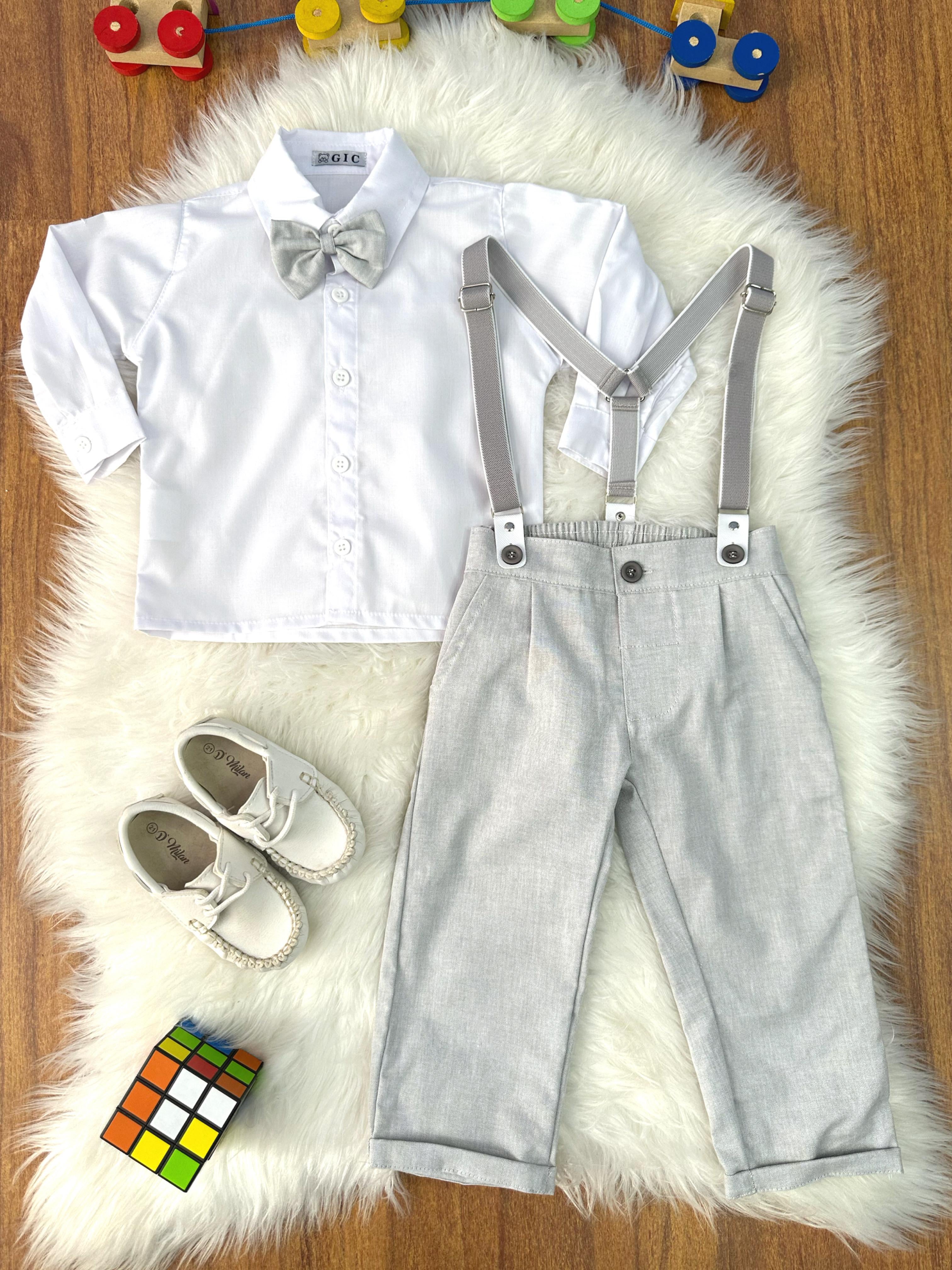 Conjunto Social Pajem Camisa Branca Calça e Susp. Cinza Claro