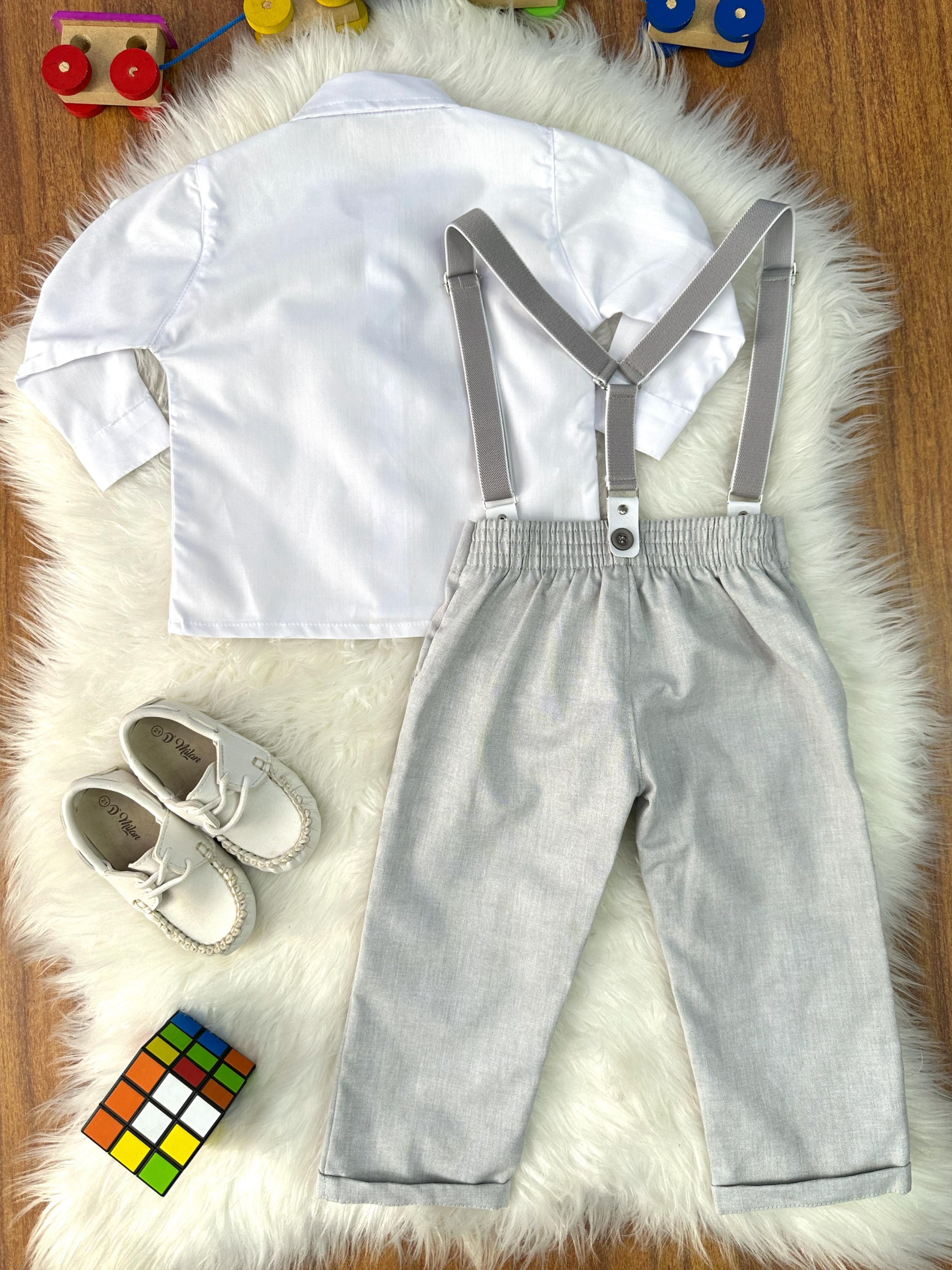 Conjunto Social Pajem Camisa Branca Calça e Susp. Cinza Claro