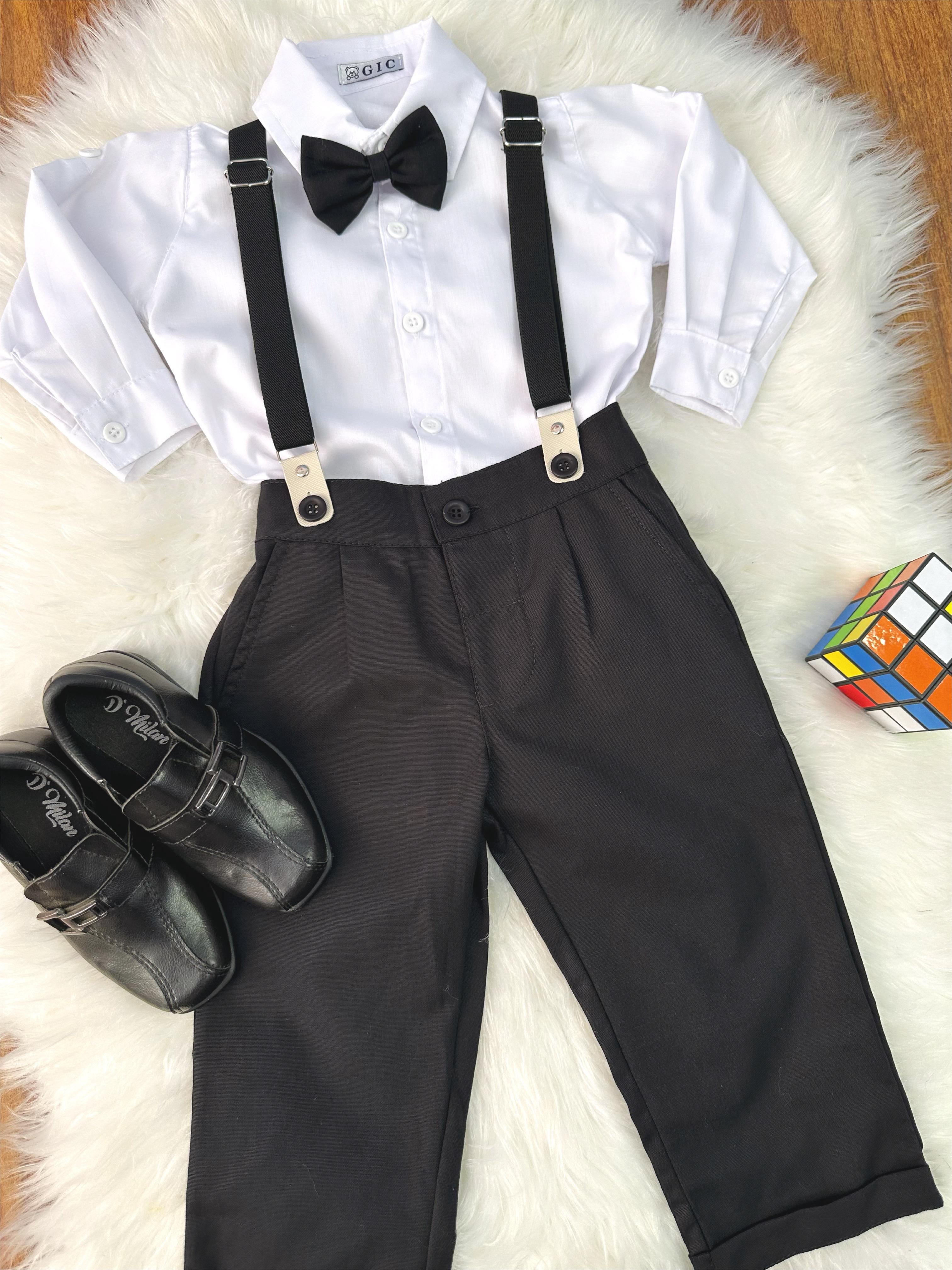 Conjunto Social Pajem Camisa Branca Calça e Susp. Preto