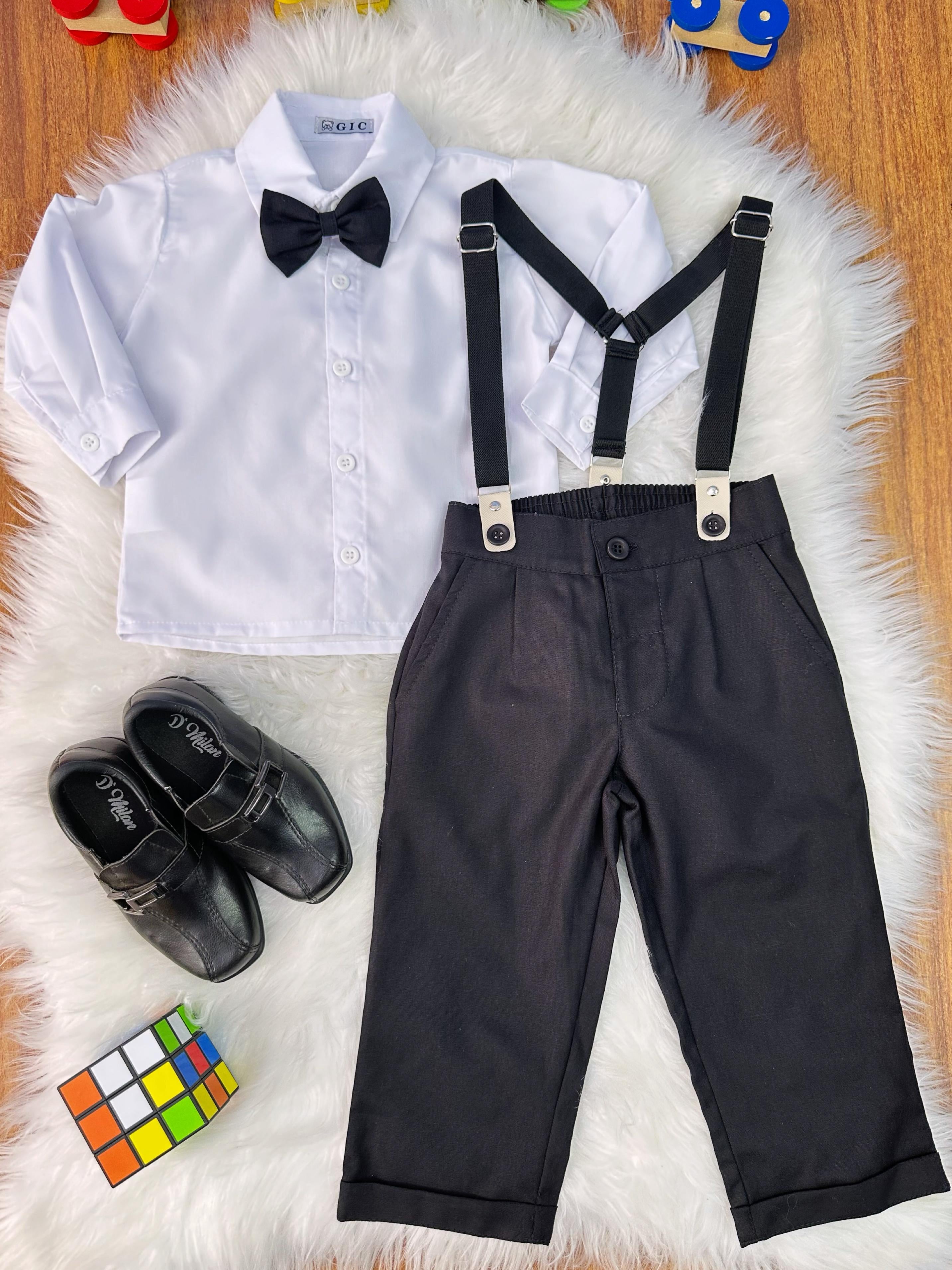 Conjunto Social Pajem Camisa Branca Calça e Susp. Preto