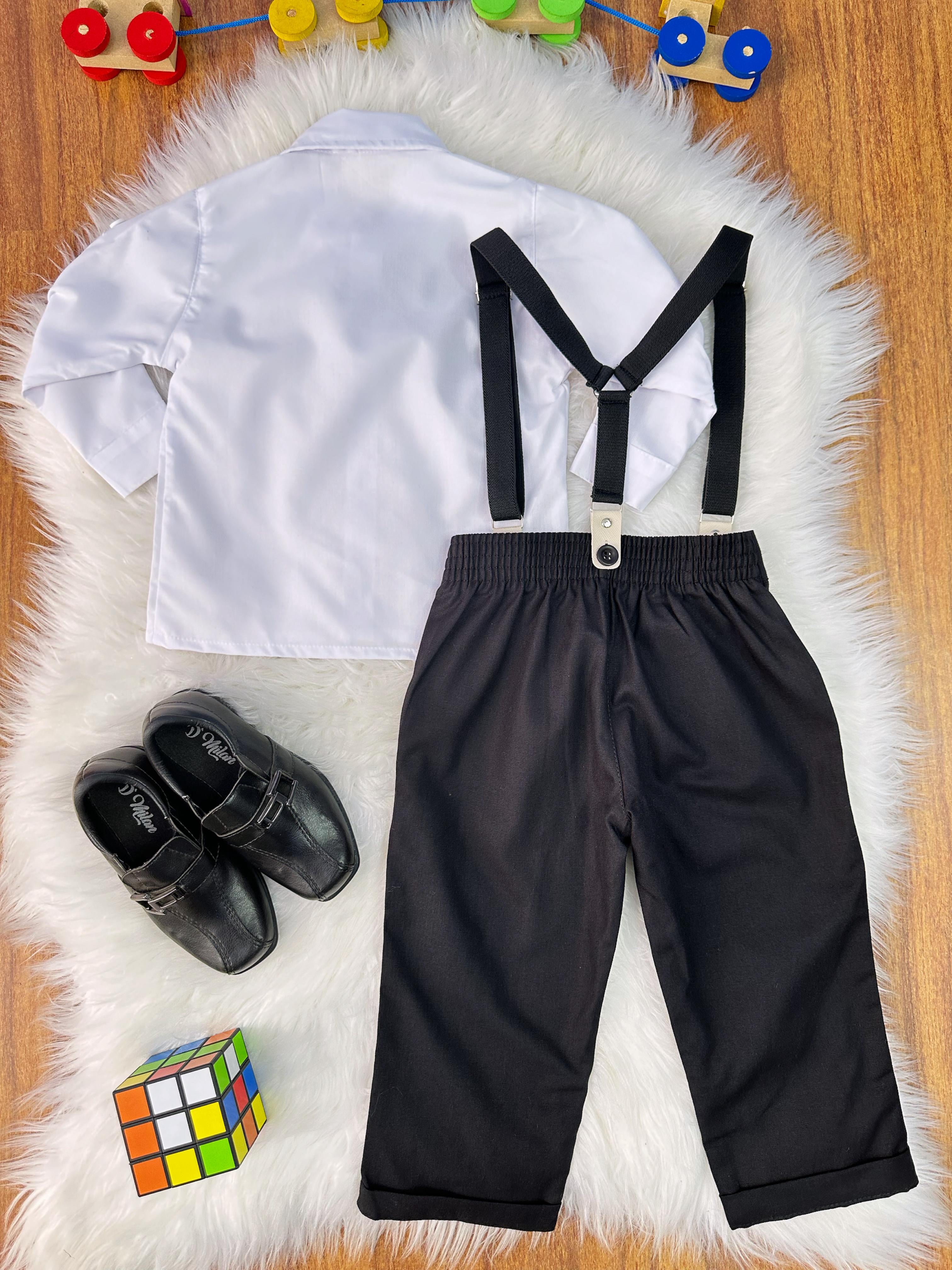 Conjunto Social Pajem Camisa Branca Calça e Susp. Preto