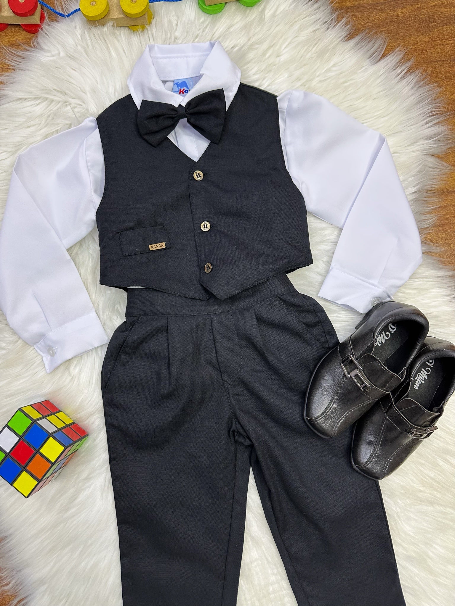 Conjunto Social Pajem Camisa Branca Calça Gravata e Colete Preto