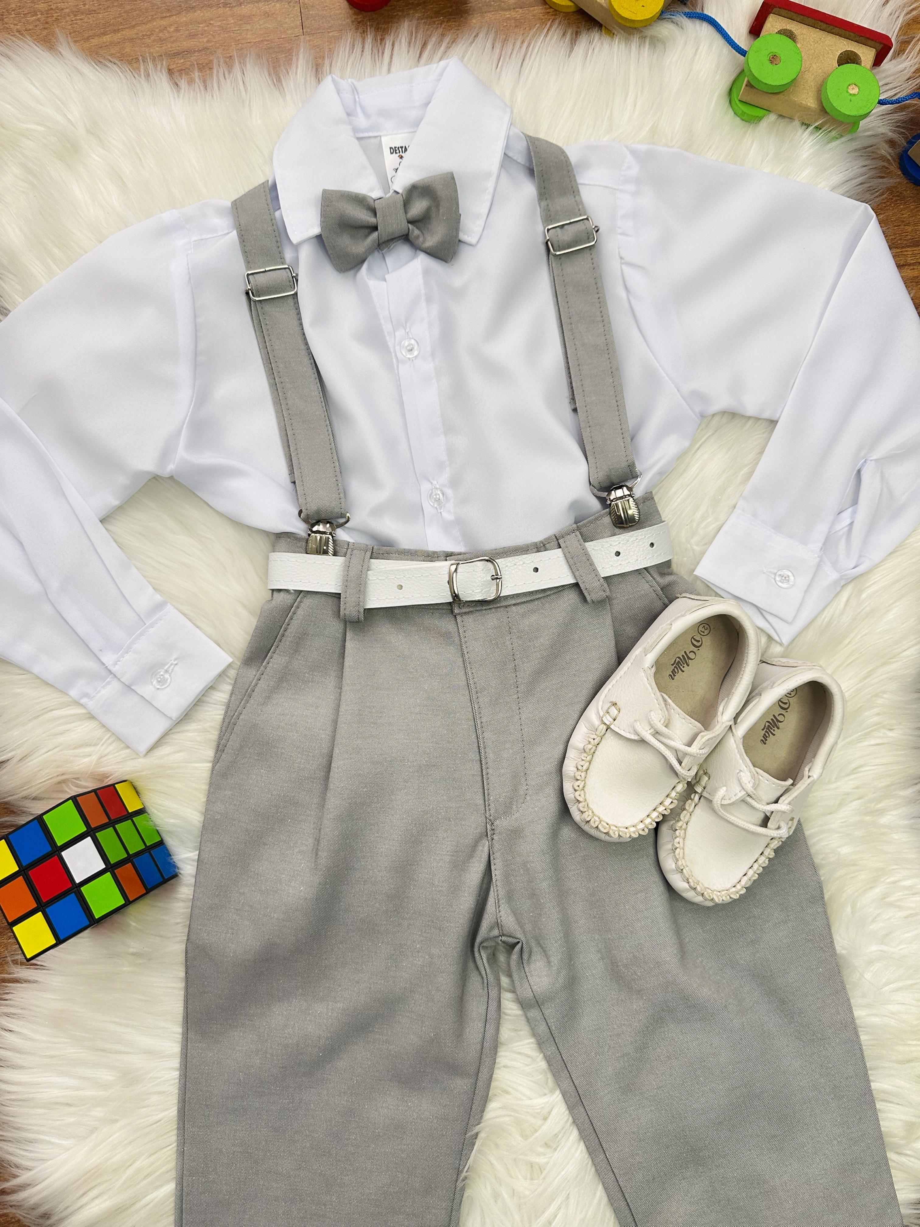 Conjunto Social Pajem Camisa Branca Calça Gravata e Susp. Cinza