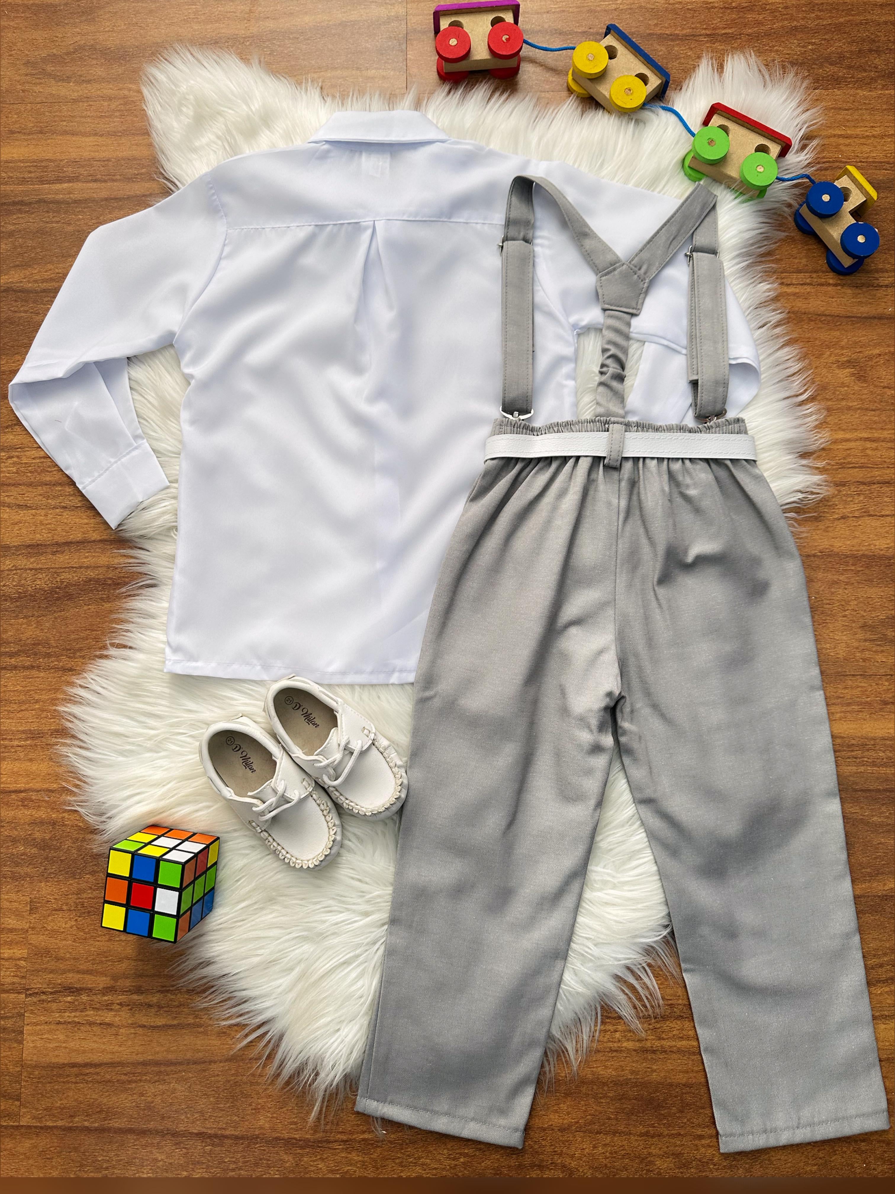 Conjunto Social Pajem Camisa Branca Calça Gravata e Susp. Cinza