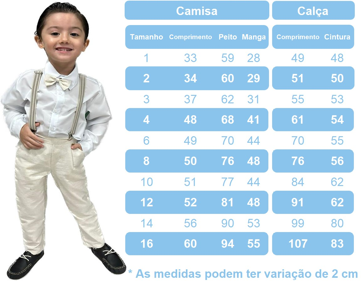 Conjunto Social Pajem Camisa Branca Calça Gravata e Susp. Cinza