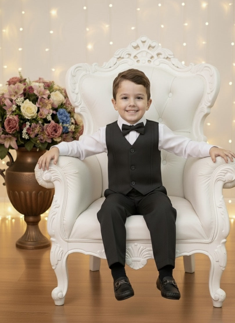 Conjunto Social Pajem Camisa Branca com Calça e Colete Preto