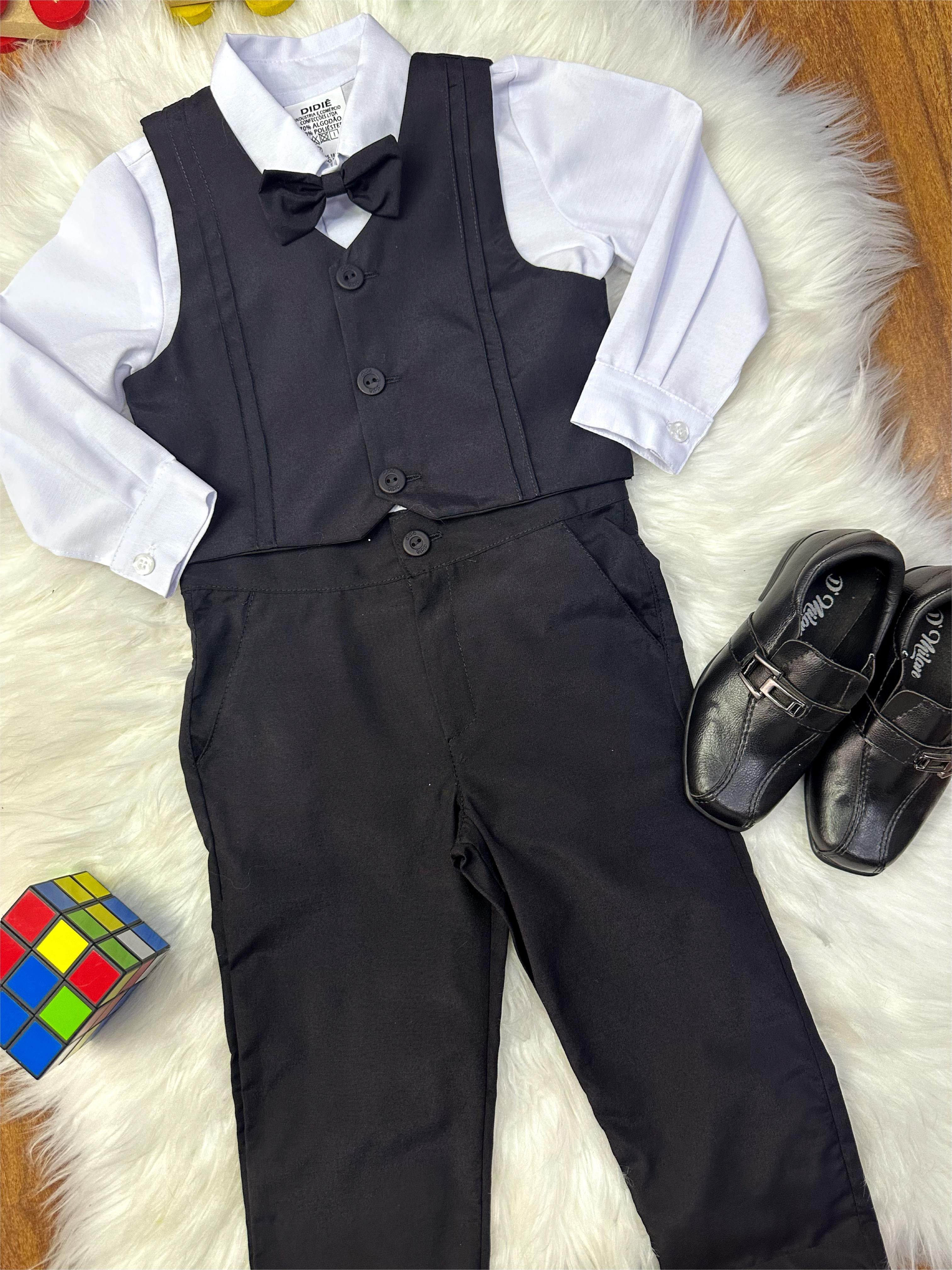Conjunto Social Pajem Camisa Branca com Calça e Colete Preto