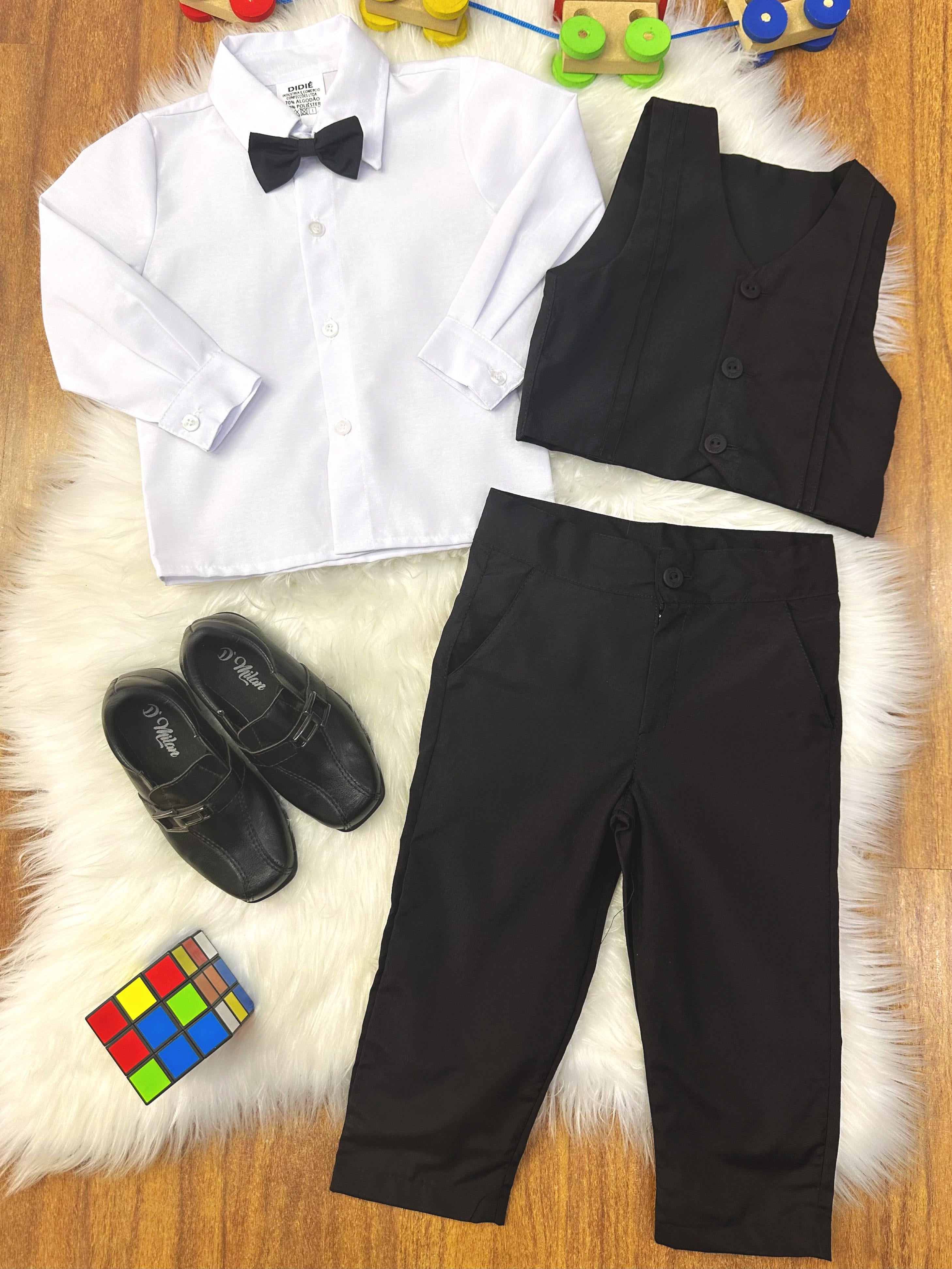 Conjunto Social Pajem Camisa Branca com Calça e Colete Preto
