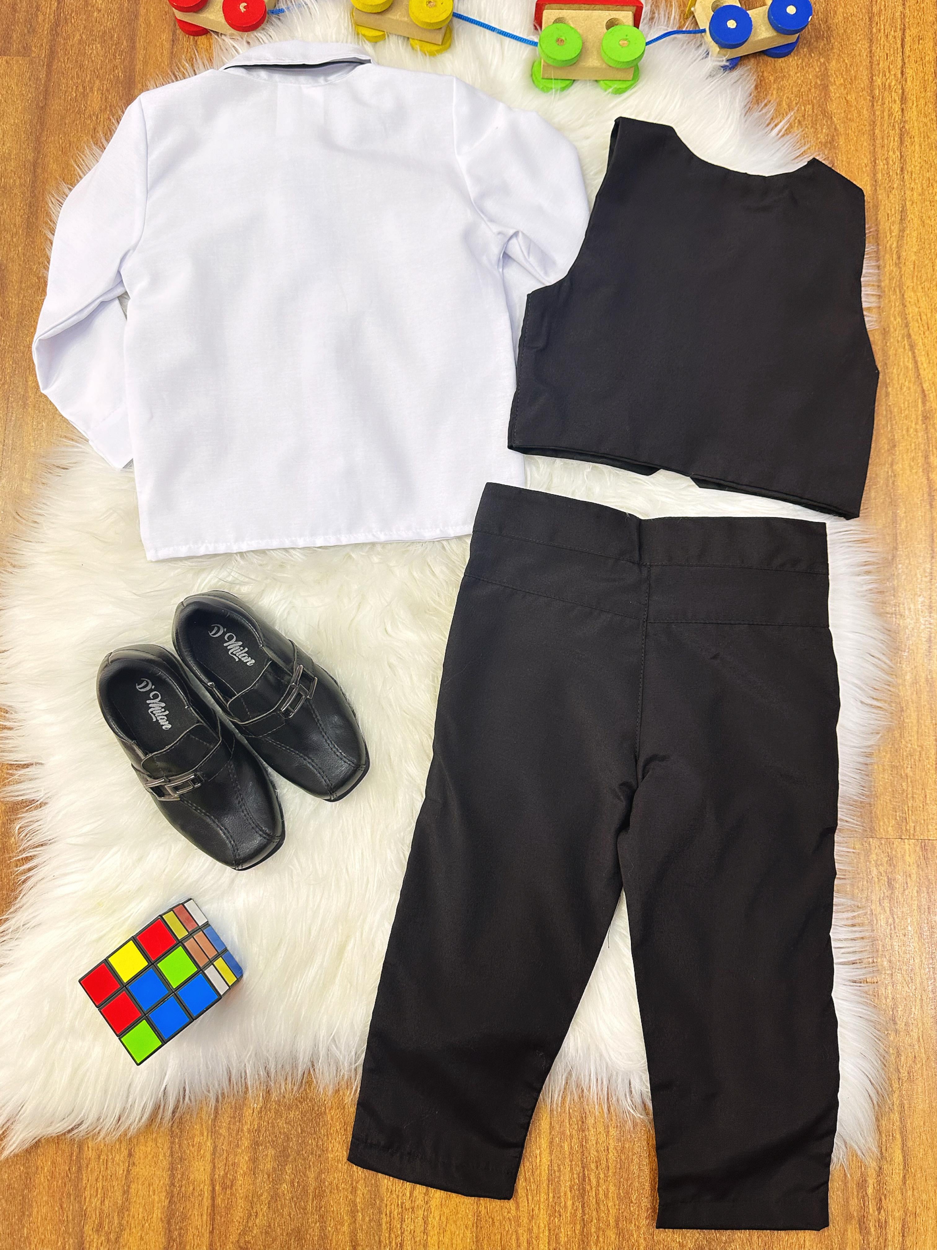 Conjunto Social Pajem Camisa Branca com Calça e Colete Preto