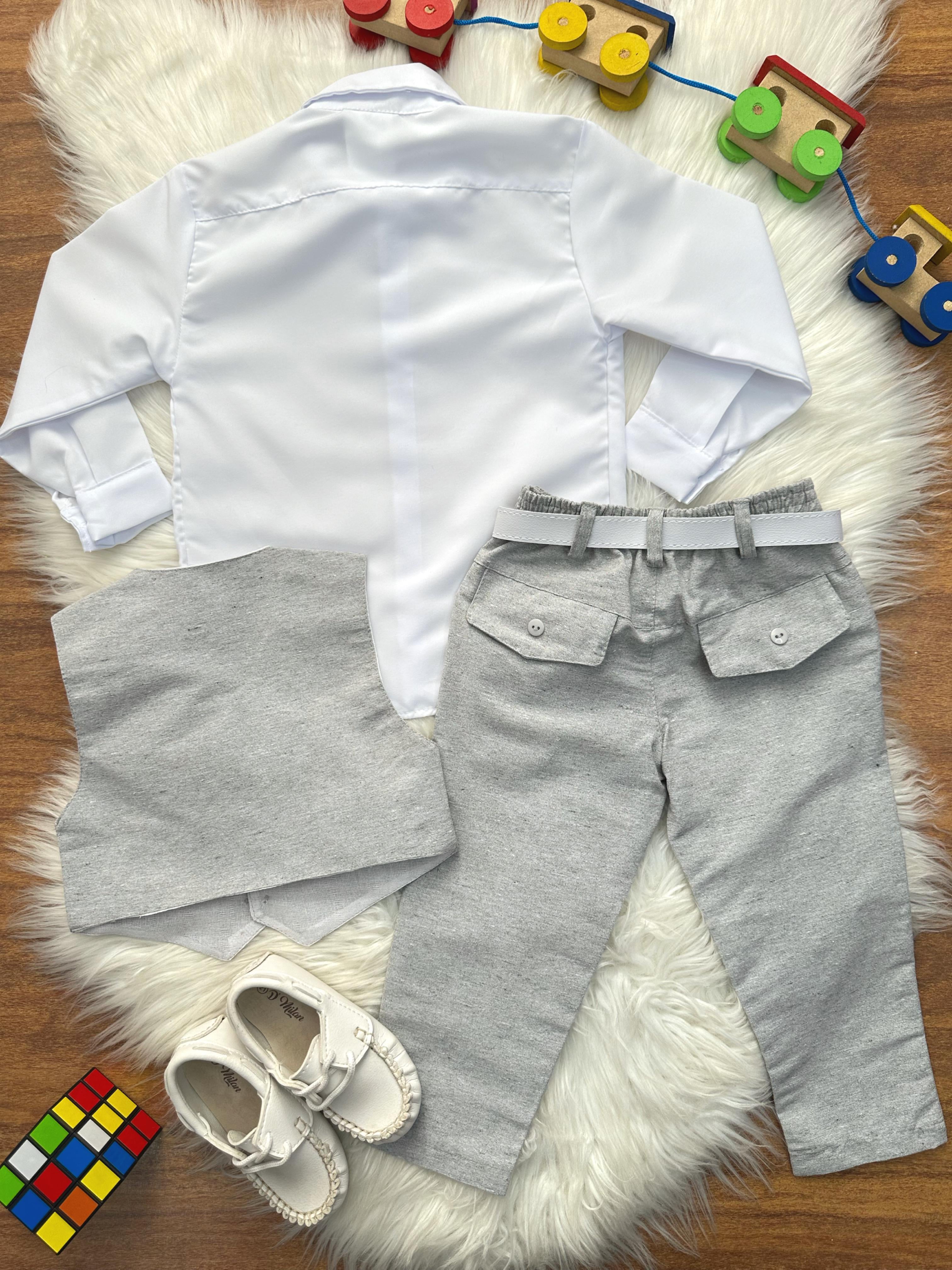 Conjunto Social Pajem Camisa Branca Gravata Calça e Colete Cinza
