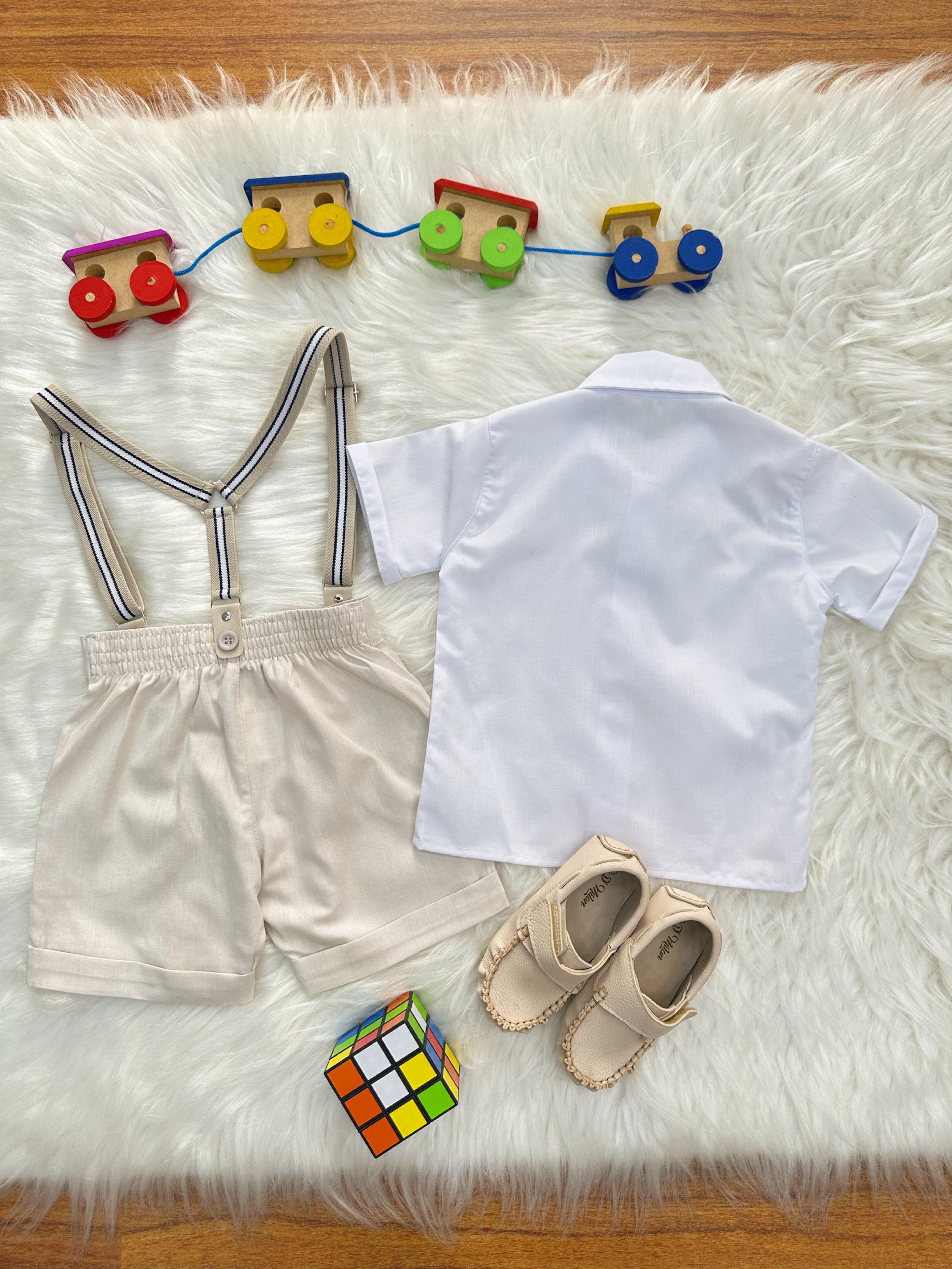 Conjunto Social Pajem Camisa Branca Short e Susp. Bege Claro
