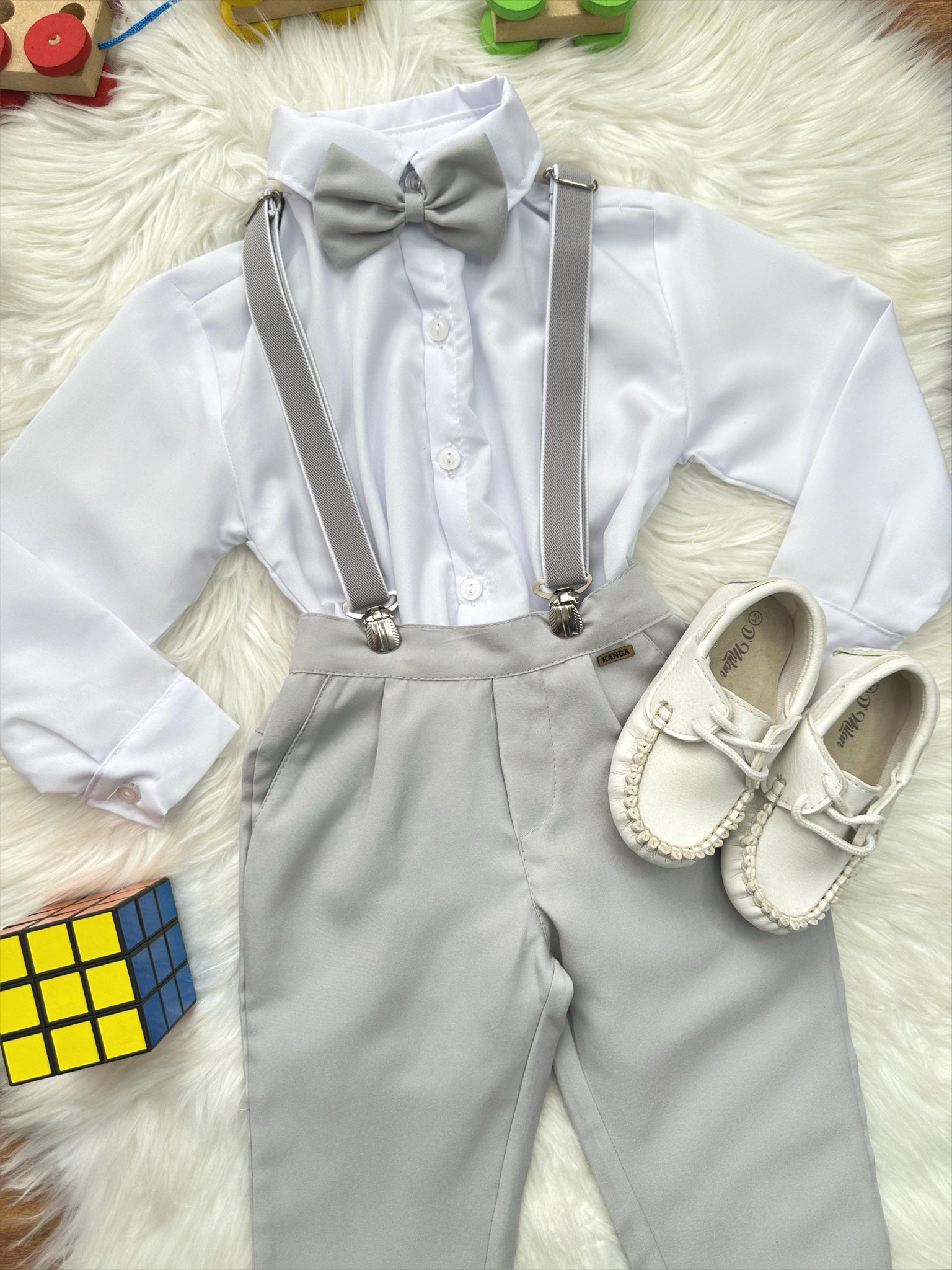 Conjunto Social Pajem Camisa Branco Calça Gravata Susp. Cinza