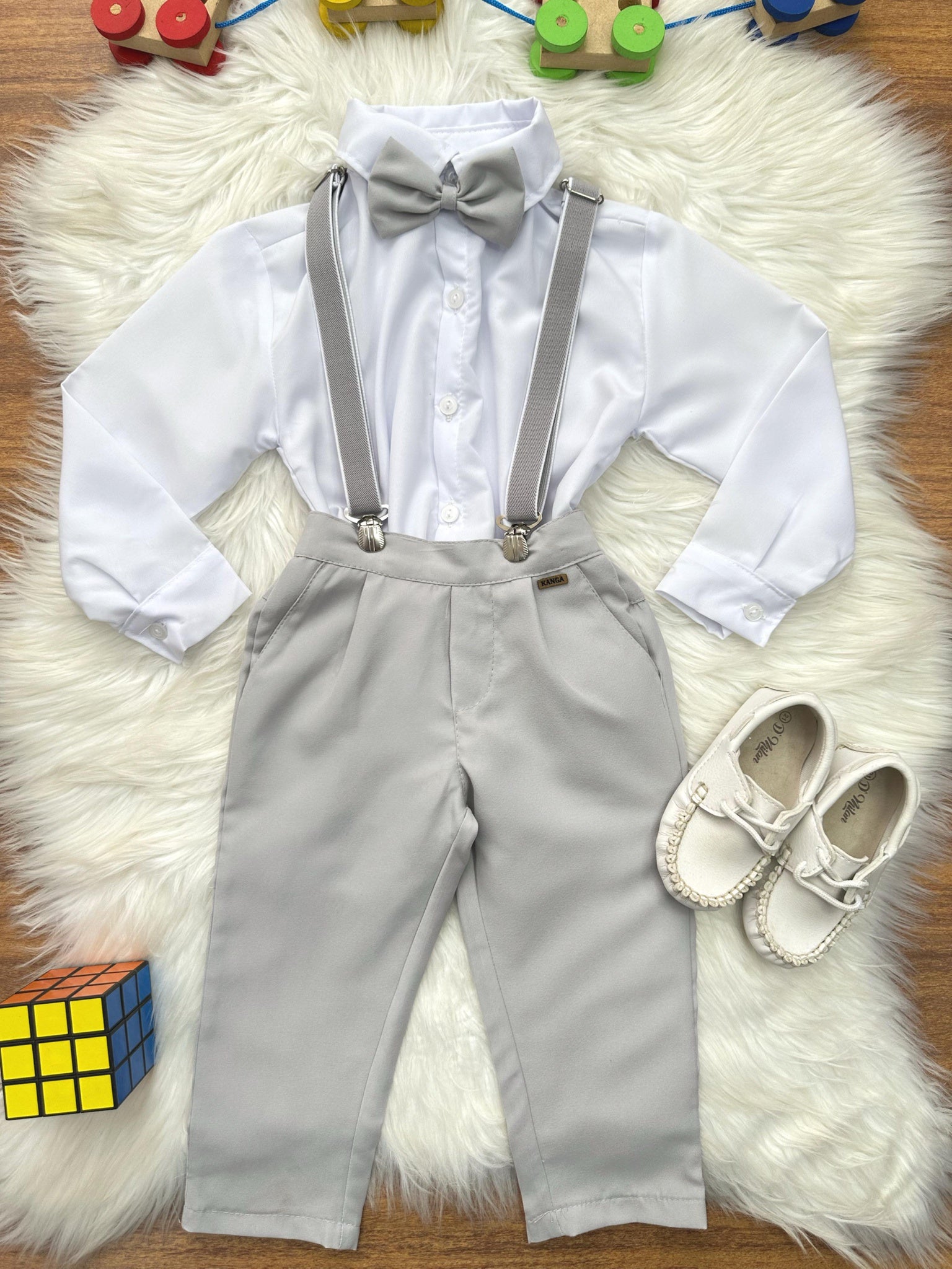 Conjunto Social Pajem Camisa Branco Calça Gravata Susp. Cinza