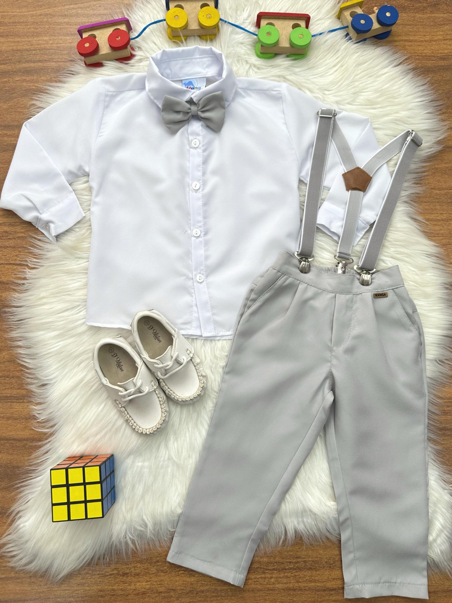 Conjunto Social Pajem Camisa Branco Calça Gravata Susp. Cinza