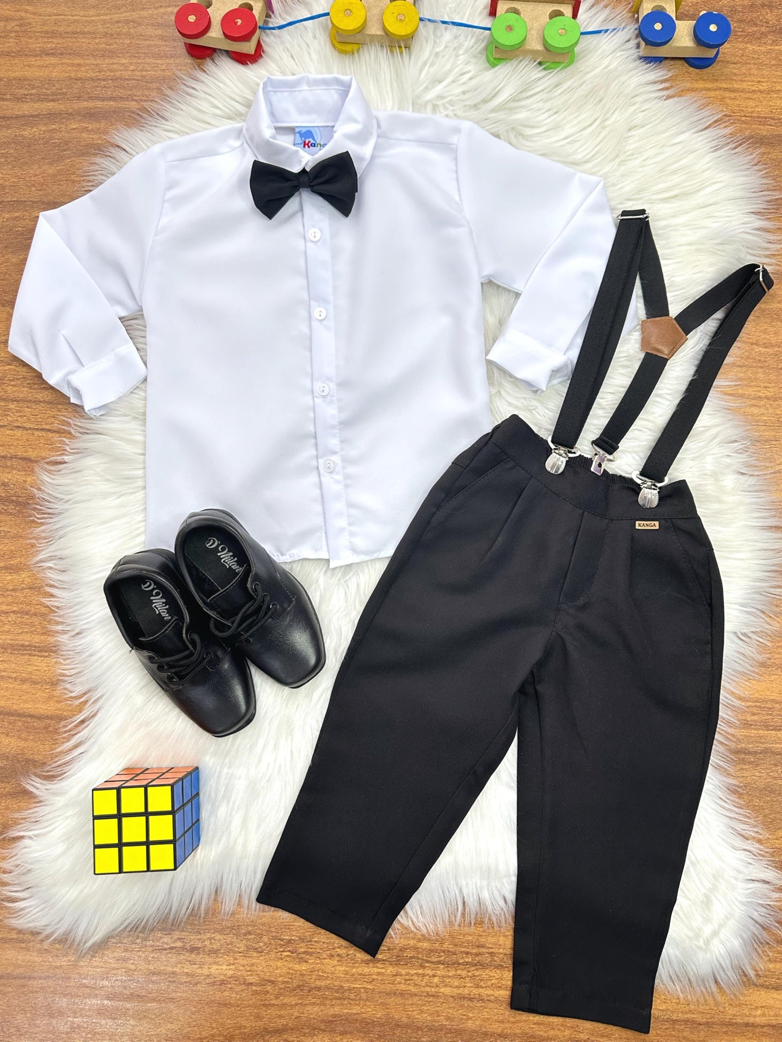 Conjunto Social Pajem Camisa Branco Calça Gravata Susp. Preto