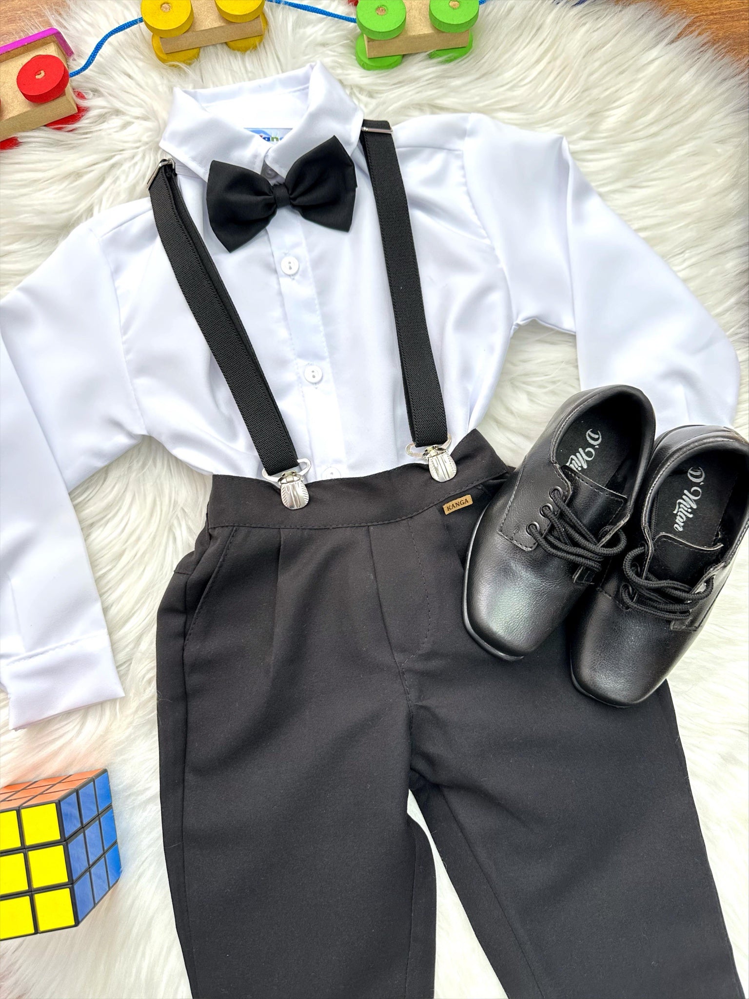 Conjunto Social Pajem Camisa Branco Calça Gravata Susp. Preto