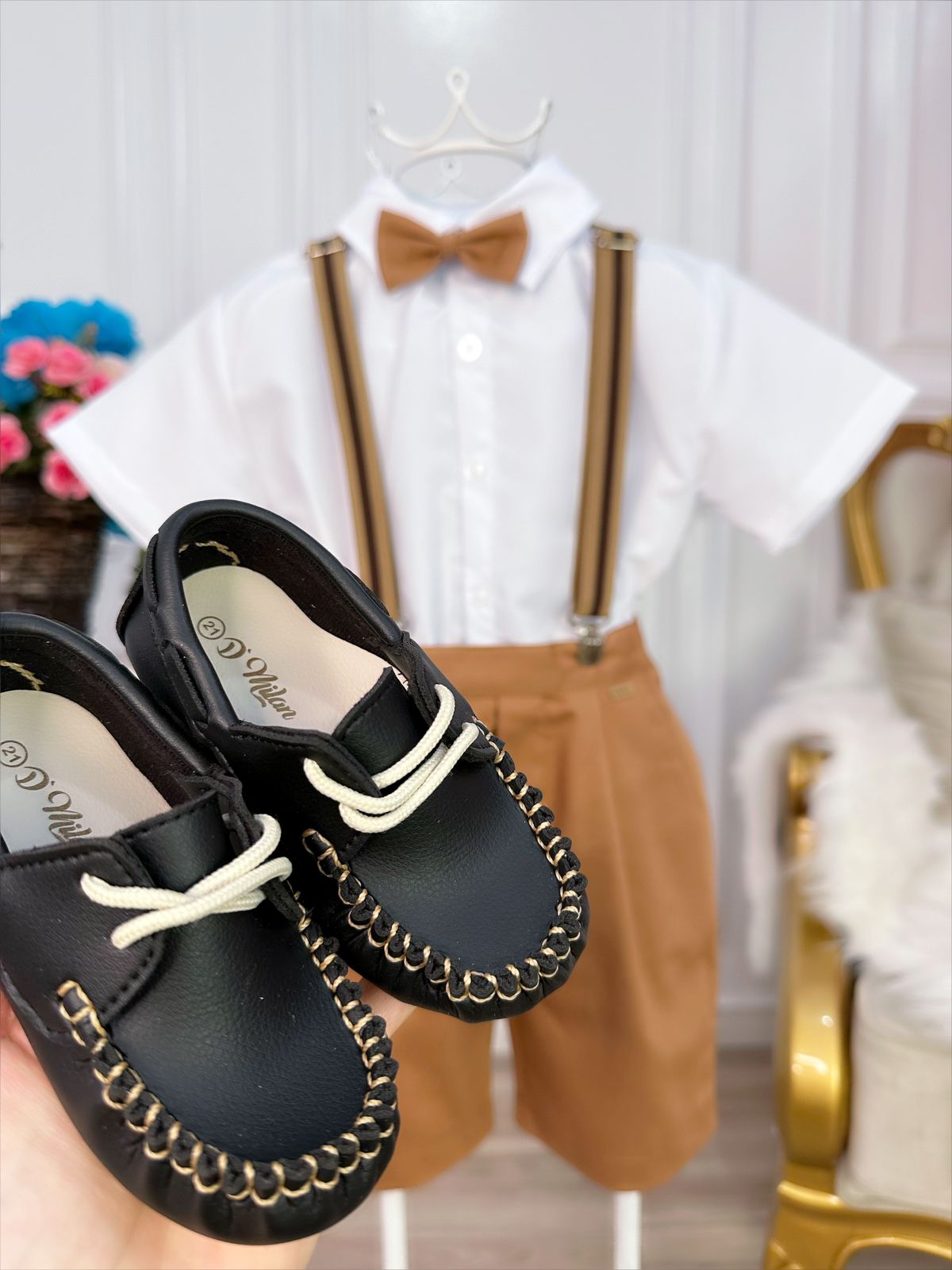 Conjunto Social Short Camisa Gravata Susp. Caramelo Escuro