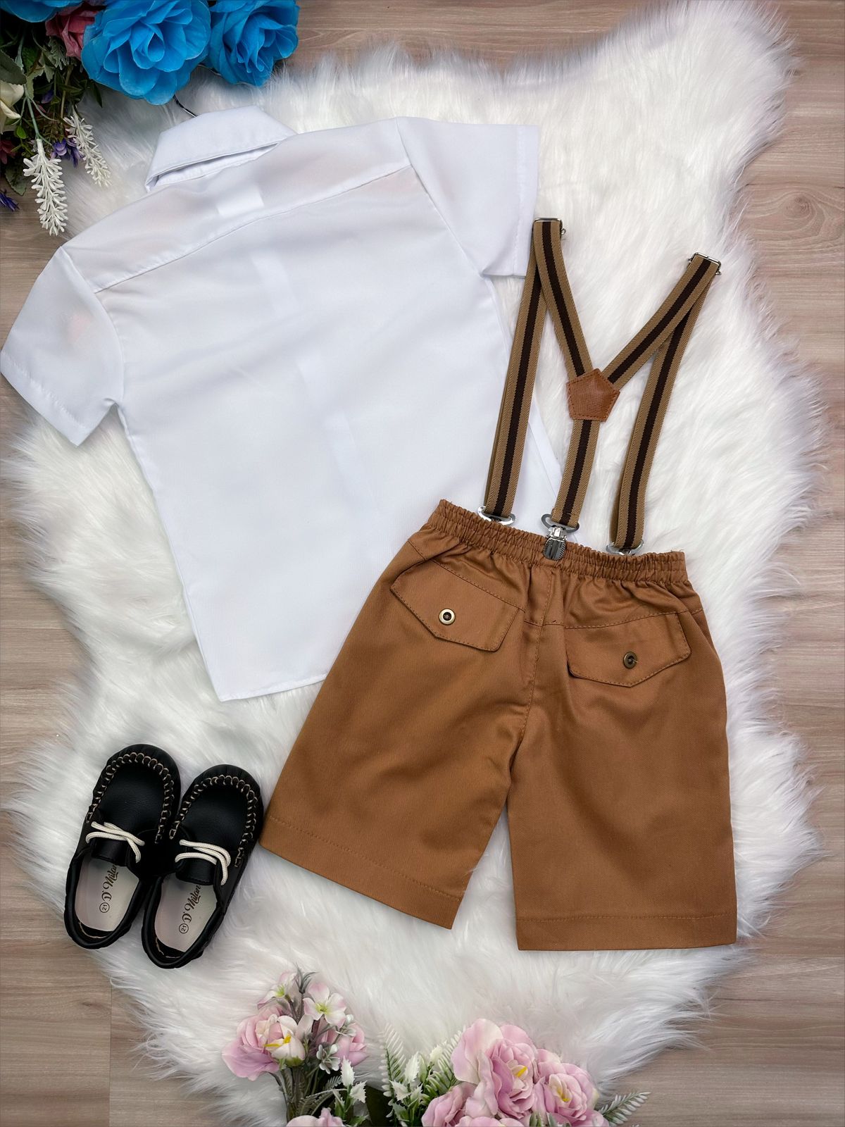 Conjunto Social Short Camisa Gravata Susp. Caramelo Escuro