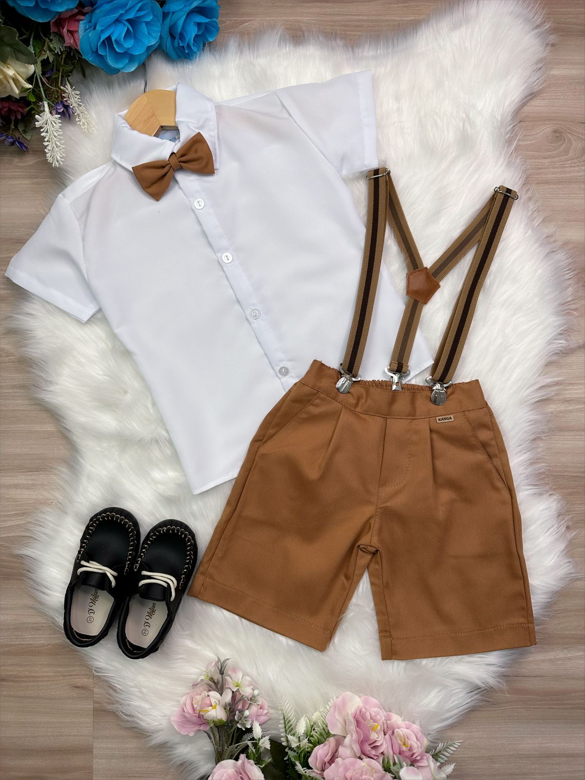 Conjunto Social Short Camisa Gravata Susp. Caramelo Escuro