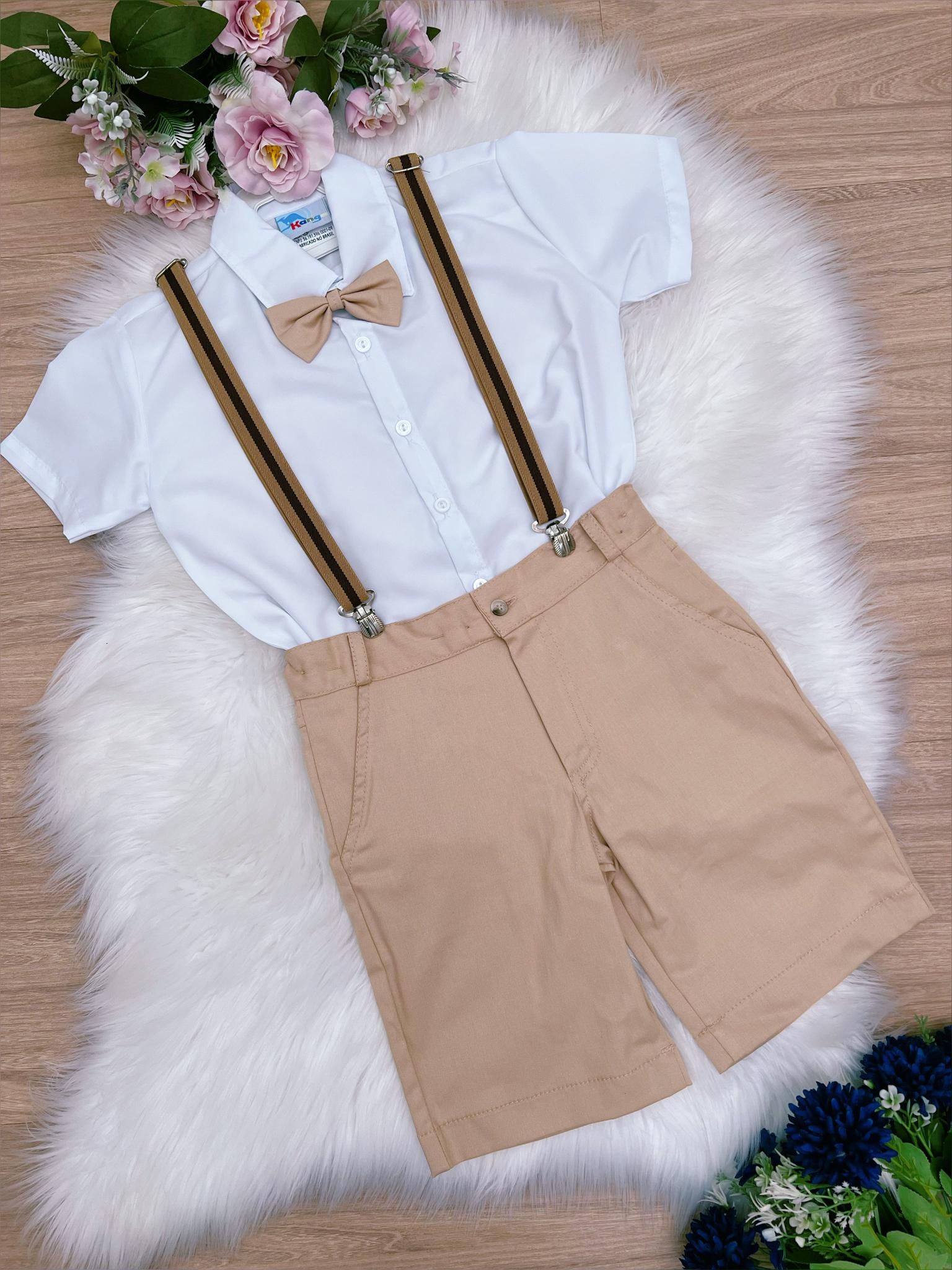 Conjunto Social Short Camisa Gravata Suspensório Caqui