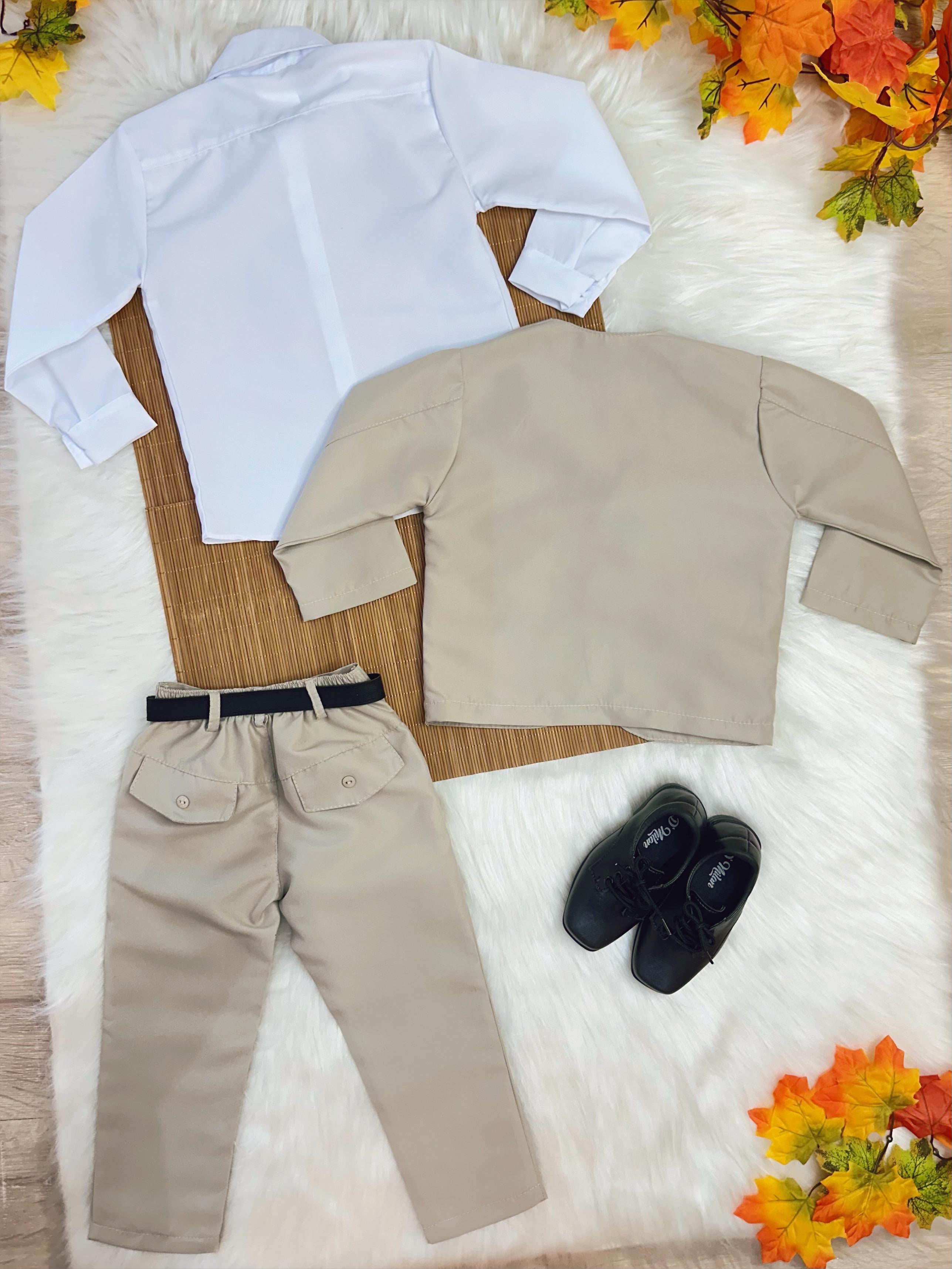 Terno Social Com Calça Gravata Bege e Camisa Branca