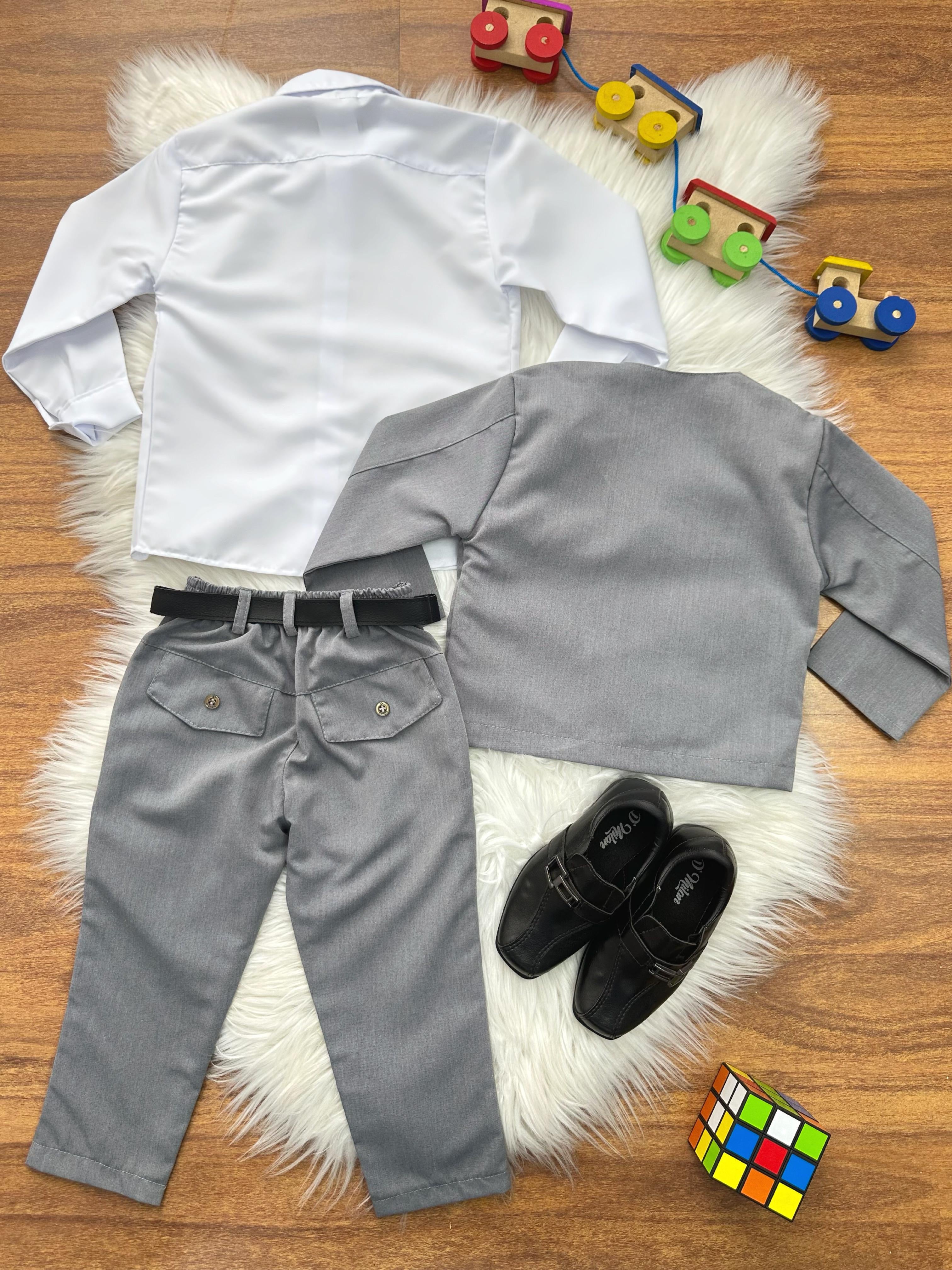 Terno Social Pajem Com Calça Gravata Cinza e Camisa Branca