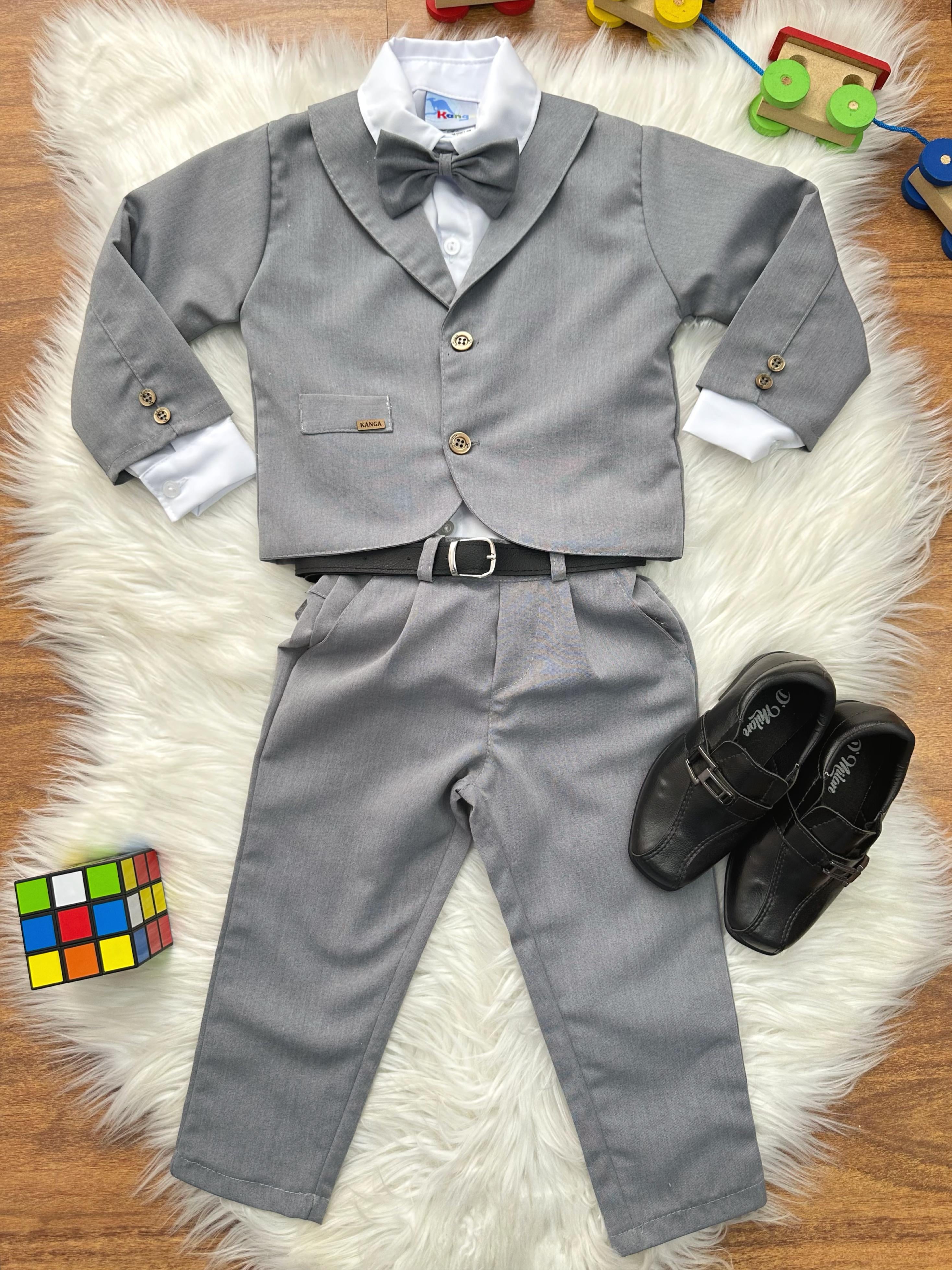 Terno Social Pajem Com Calça Gravata Cinza e Camisa Branca