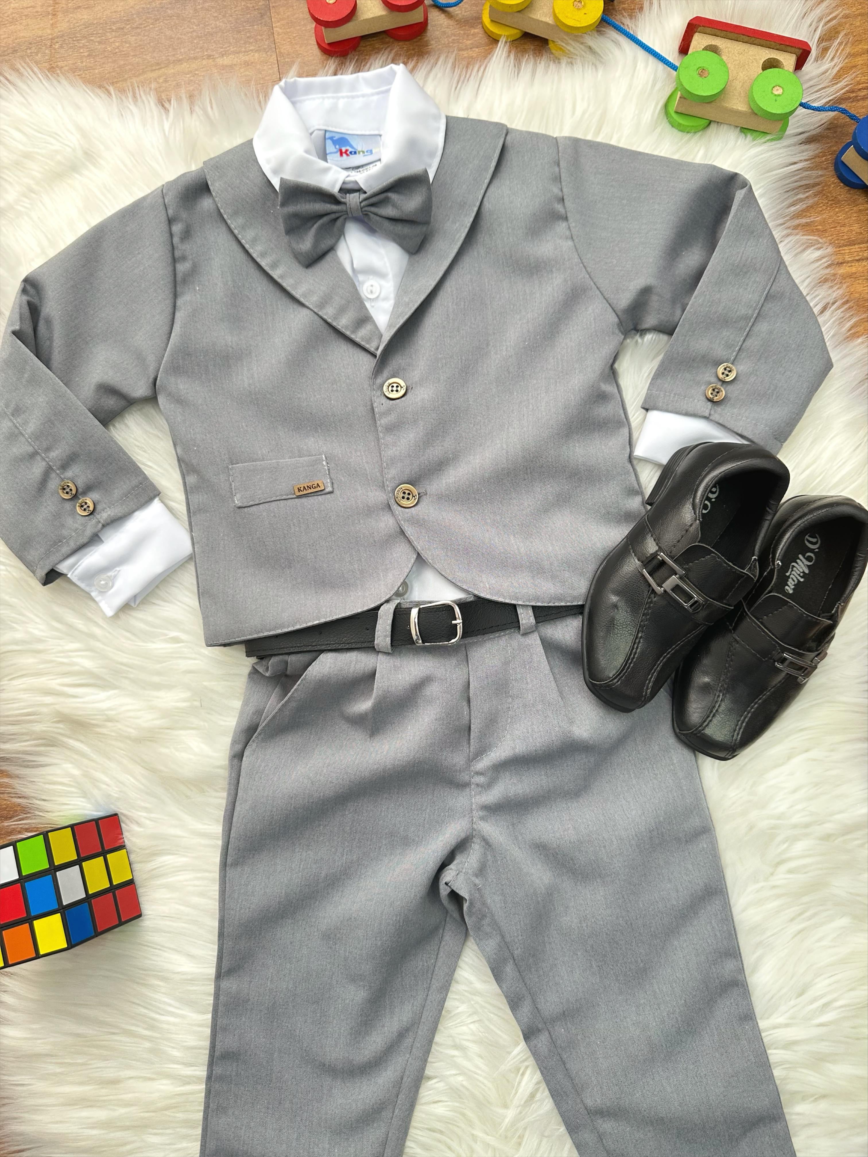 Terno Social Pajem Com Calça Gravata Cinza e Camisa Branca