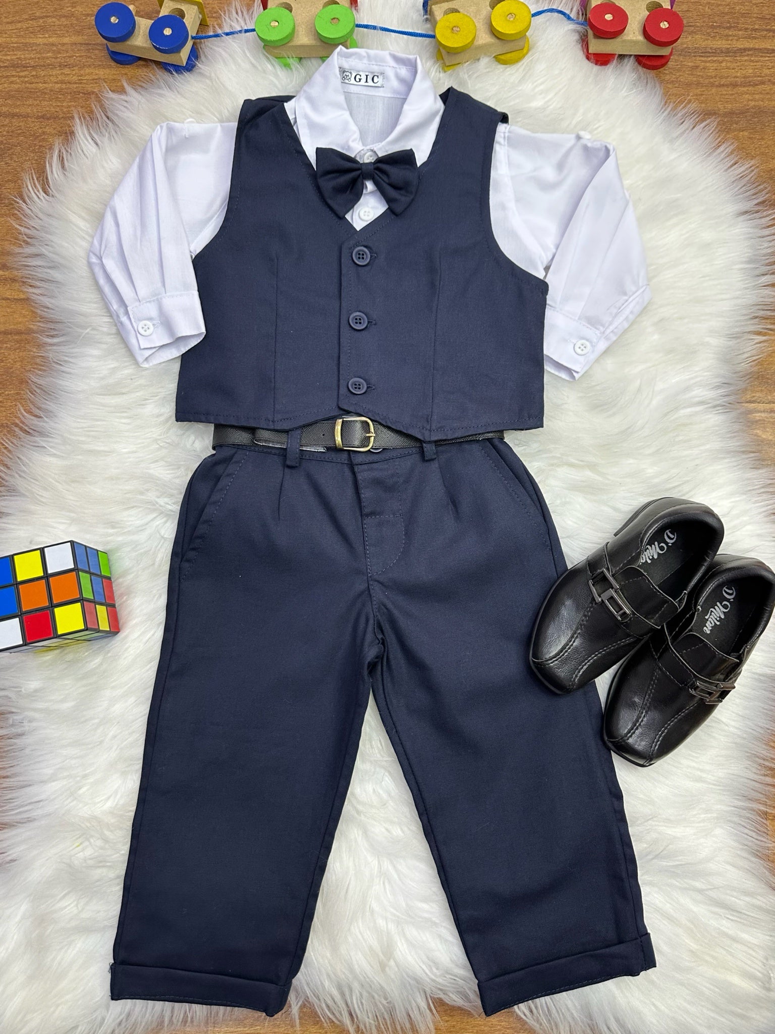 Conjunto Social Bebê Calça Colete Azul Escuro e Camisa Branca