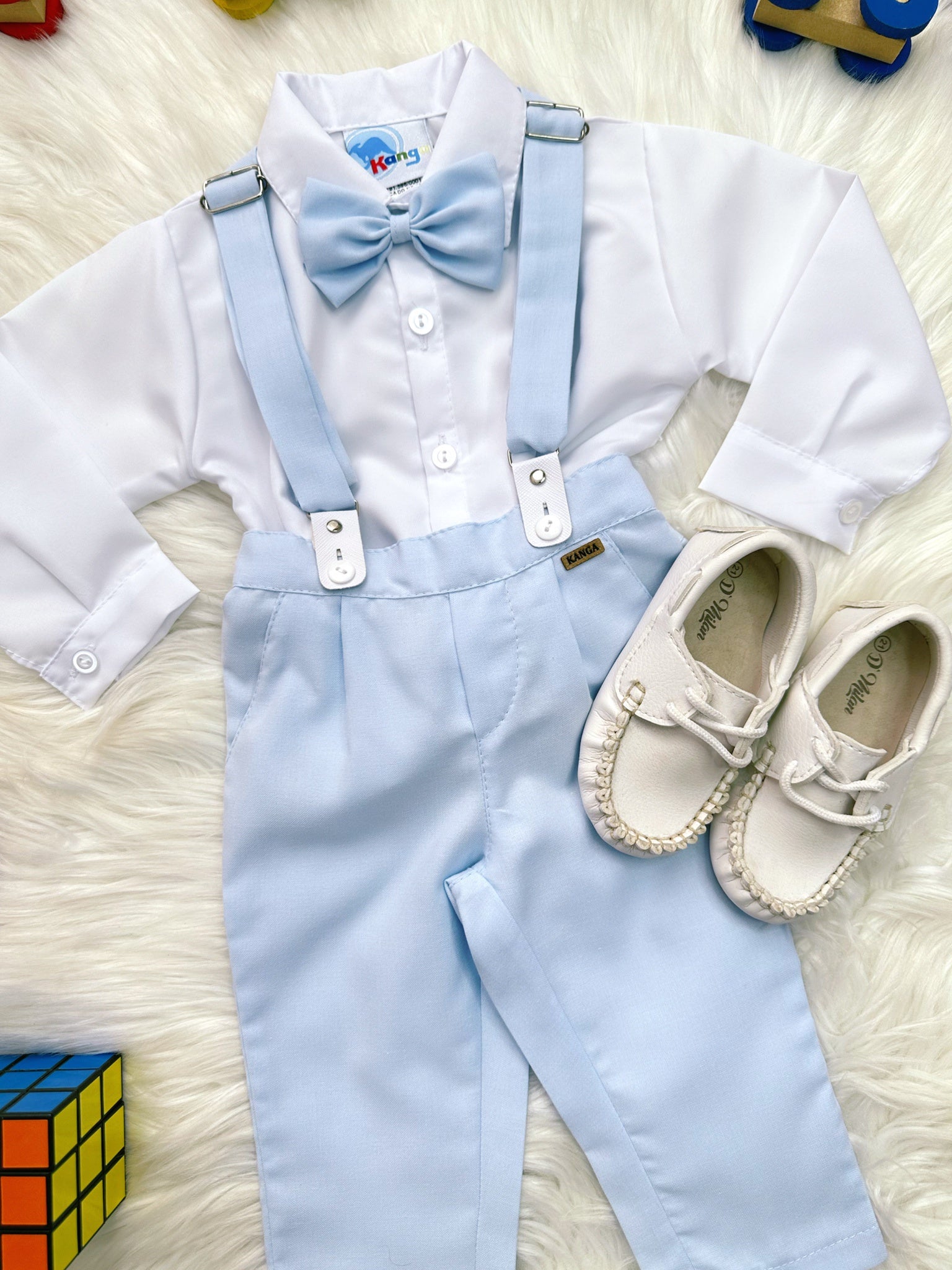 Conjunto Social Bebê Camisa Branca Calça Gravata e Susp. Azul