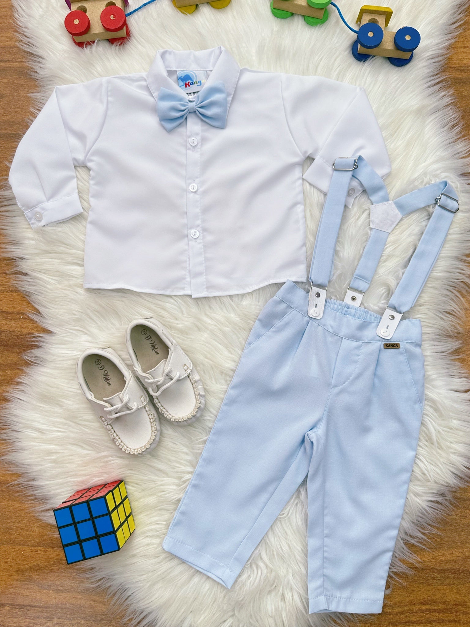 Conjunto Social Bebê Camisa Branca Calça Gravata e Susp. Azul