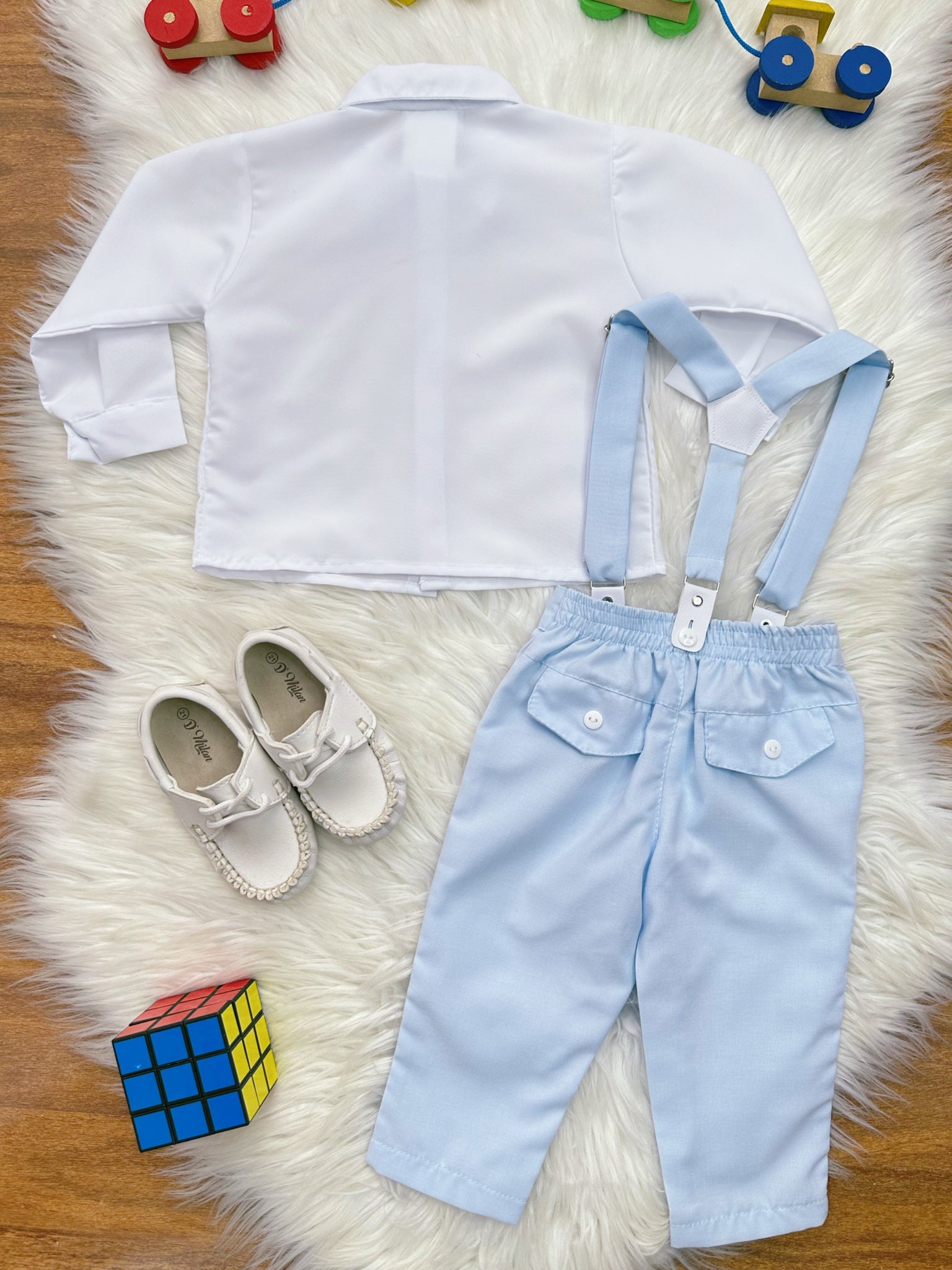 Conjunto Social Bebê Camisa Branca Calça Gravata e Susp. Azul
