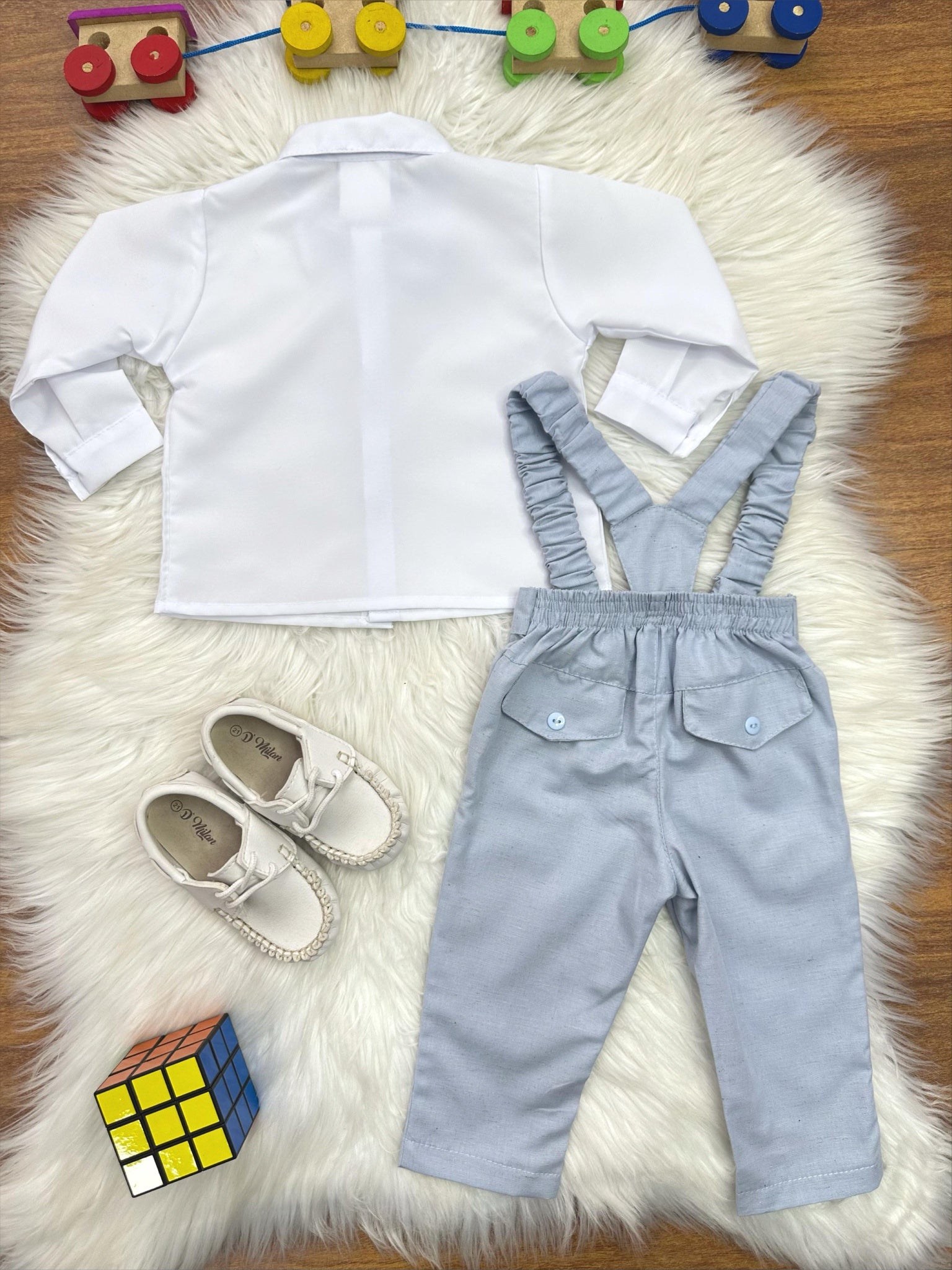 Conjunto Social Bebê Camisa Branca Calça Susp. e Gravata Azul