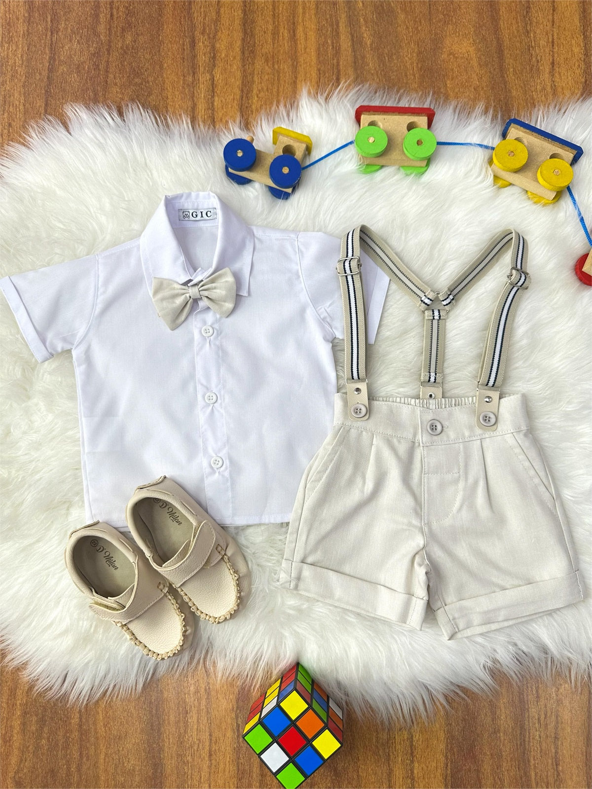 Conjunto Social Bebê Short Susp. Bege Claro e Camisa Branca