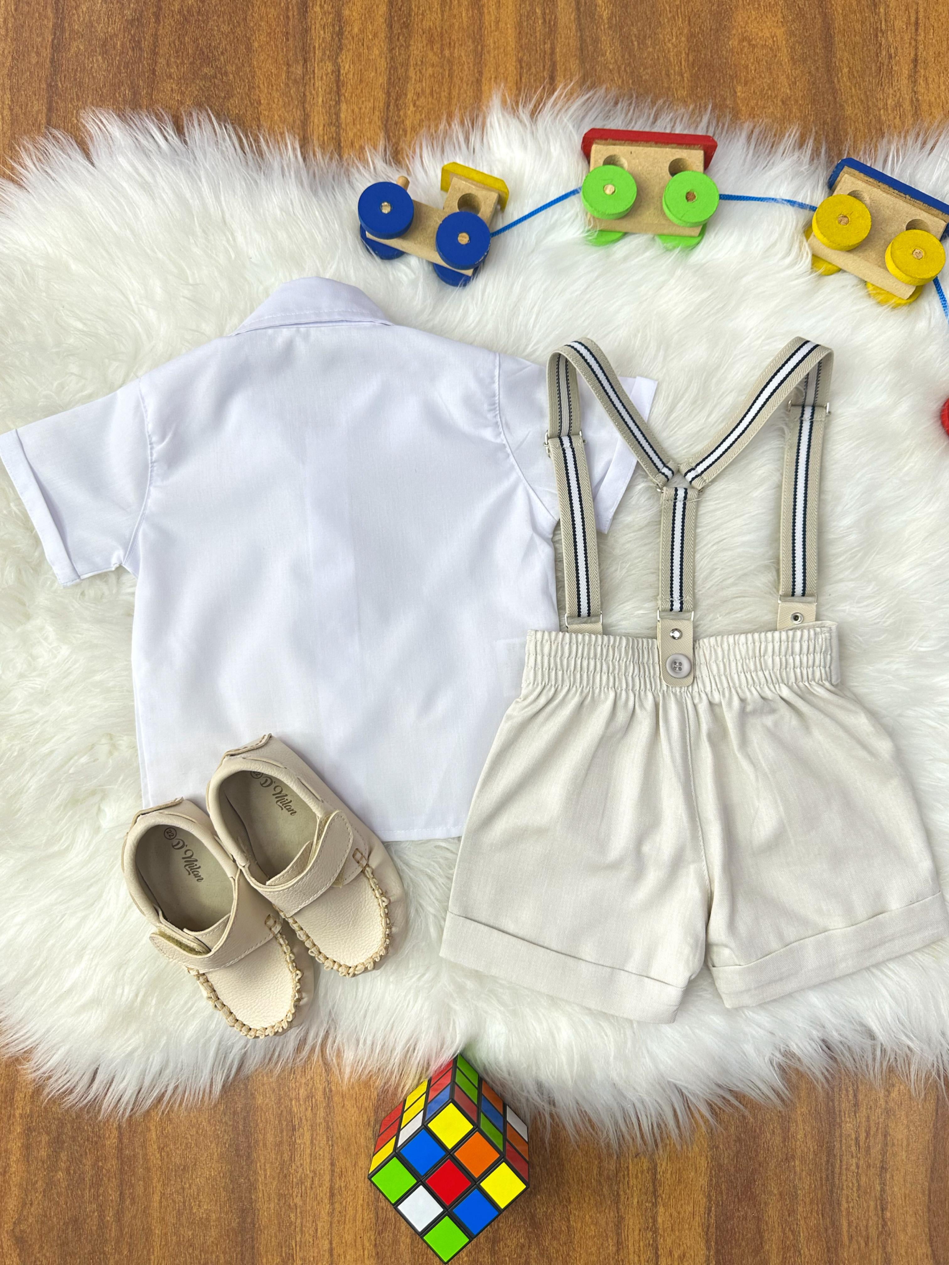 Conjunto Social Bebê Short Susp. Bege Claro e Camisa Branca