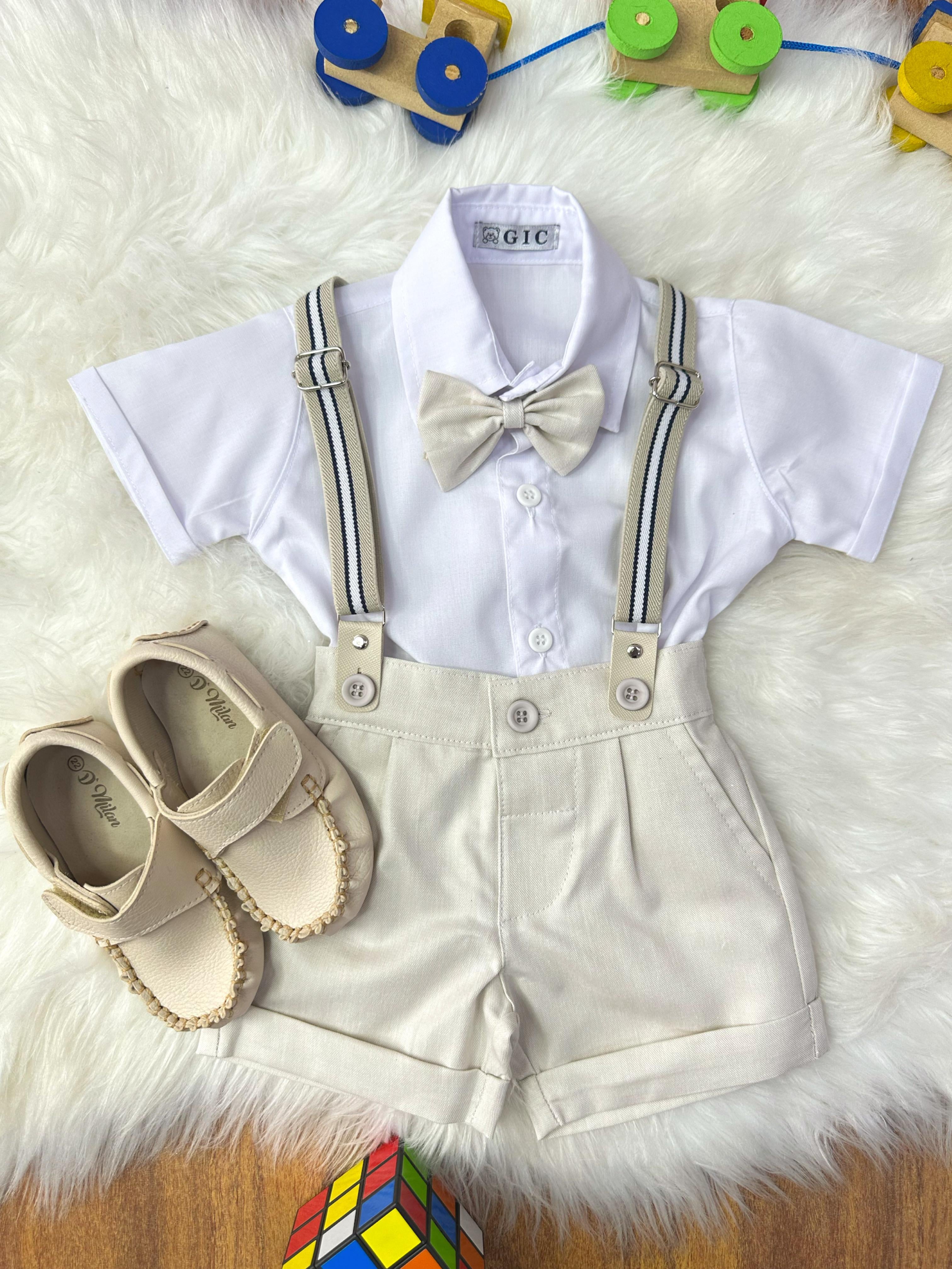 Conjunto Social Bebê Short Susp. Bege Claro e Camisa Branca