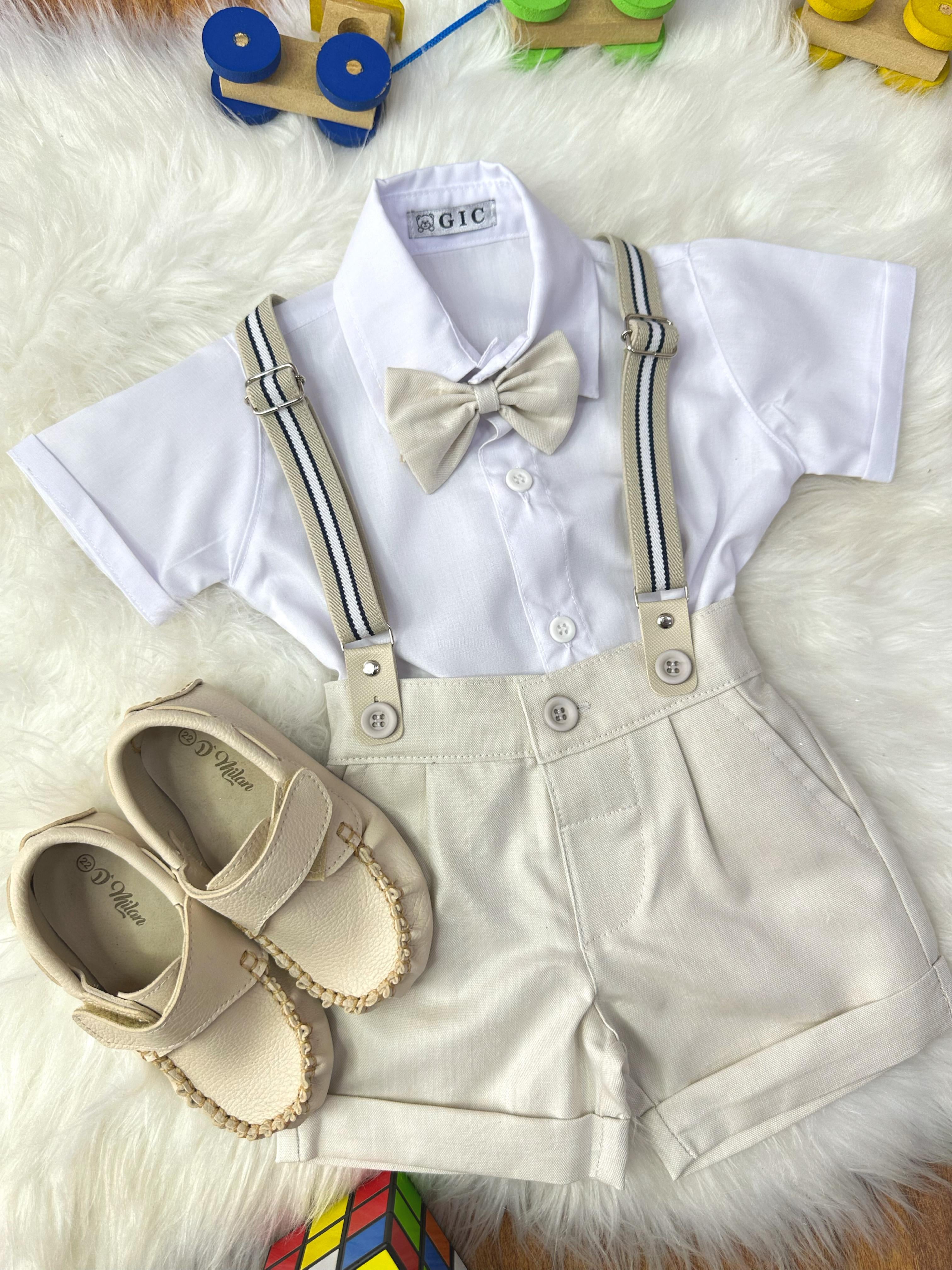Conjunto Social Bebê Short Susp. Bege Claro e Camisa Branca