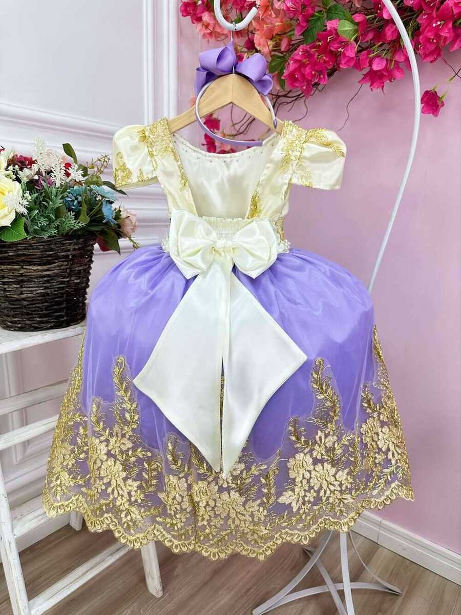 Vestido Infantil Marfim Com Lilás e Renda Realeza