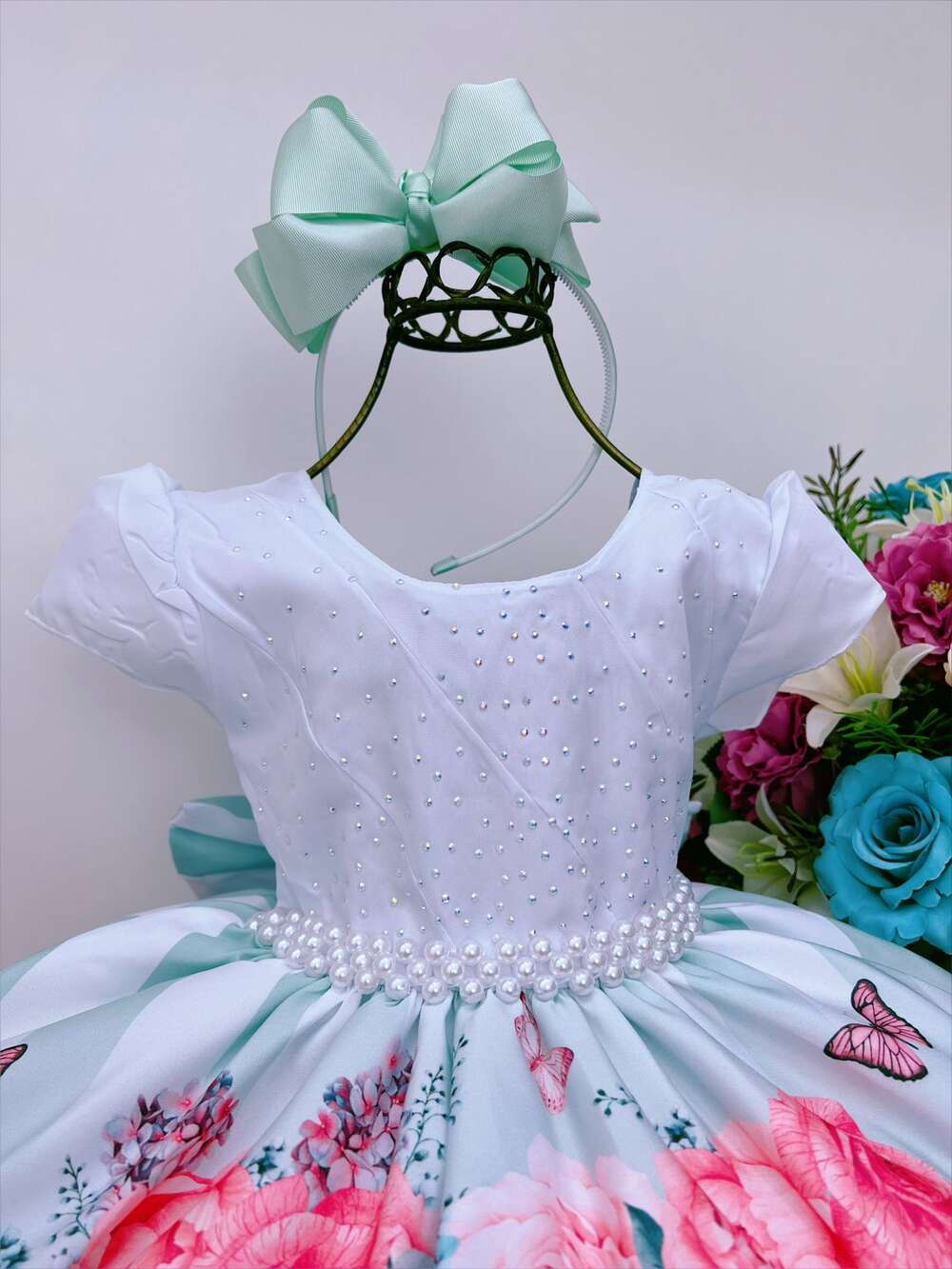 Vestido Infantil Branco Jardim das Borboletas Strass Pérolas