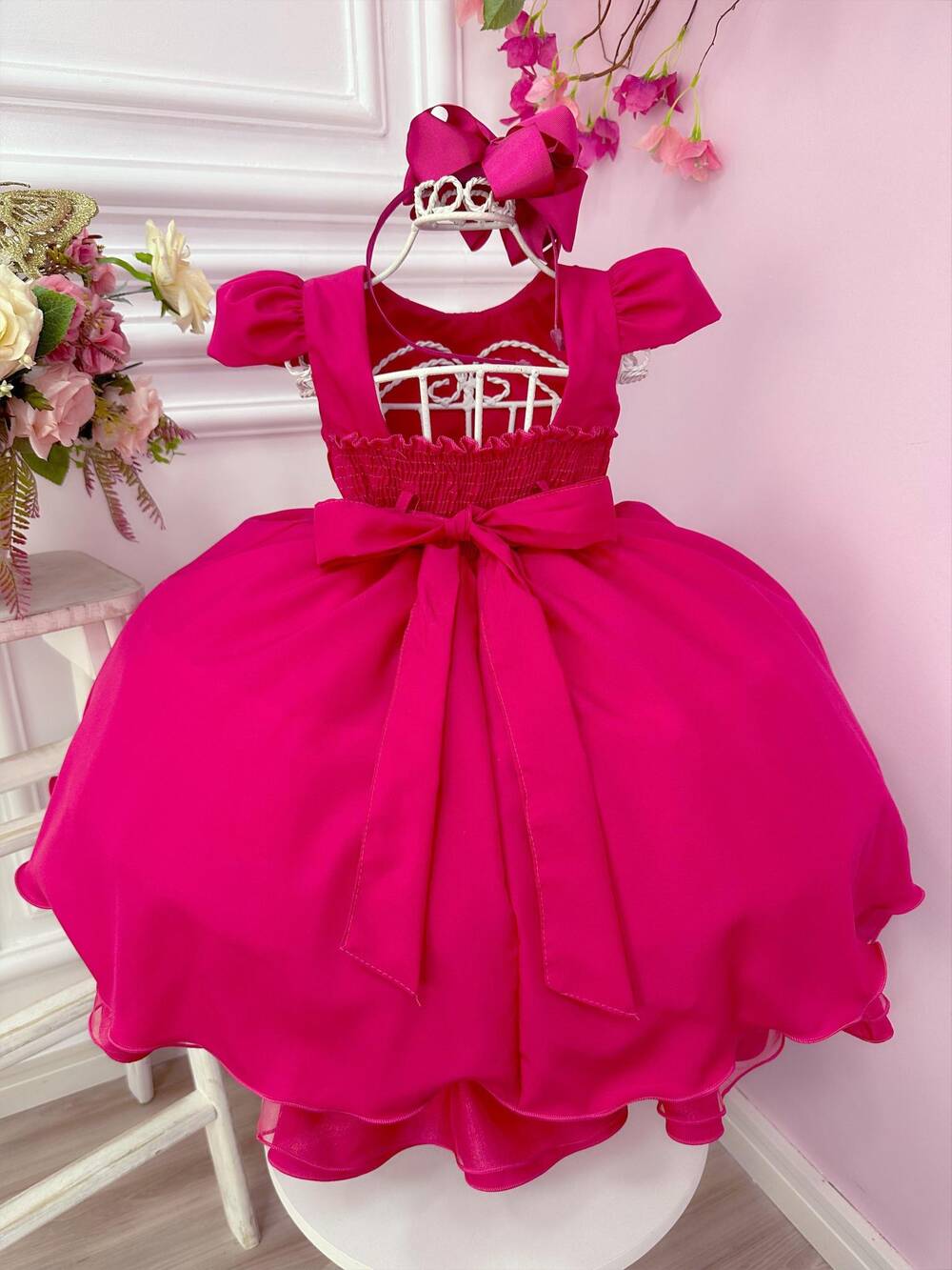 Vestido Infantil Pink C/ Cinto de Pérolas Casamento Luxo