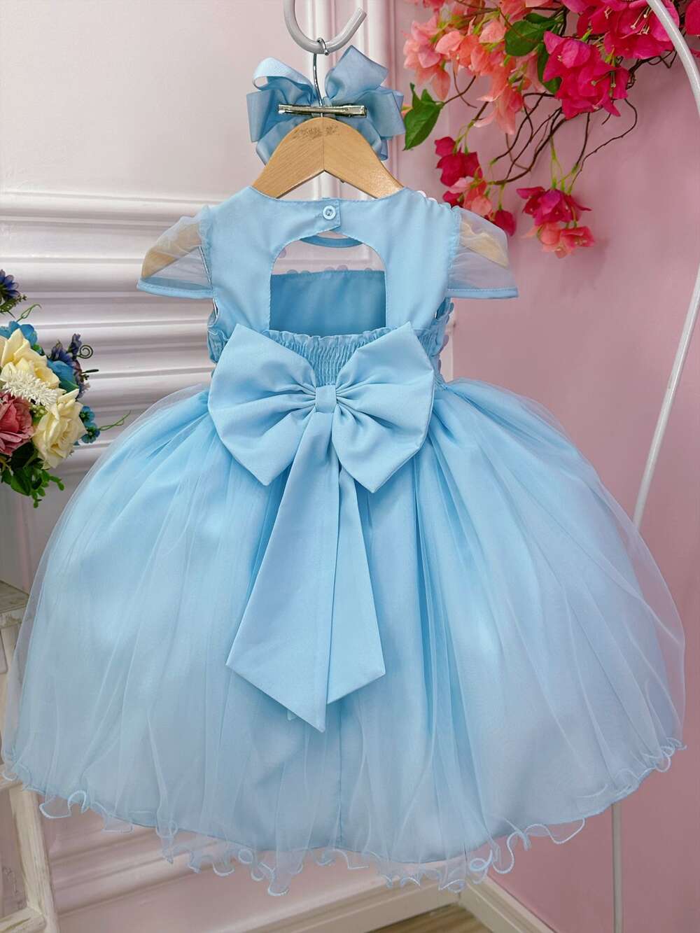 Vestido Infantil Azul Busto Plissado Com Flores Borboleta