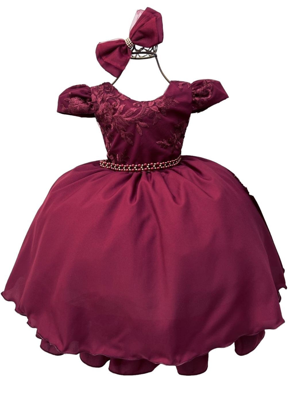 Vestido Infantil Marsala Renda C/ Cinto de Pérolas Laço