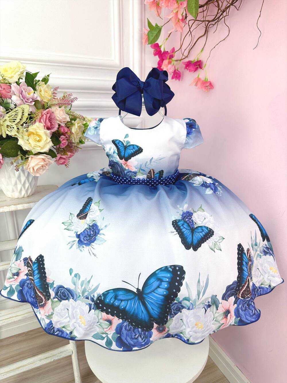 Vestido Infantil Branco Jardim das Borboletas Pérolas Luxo