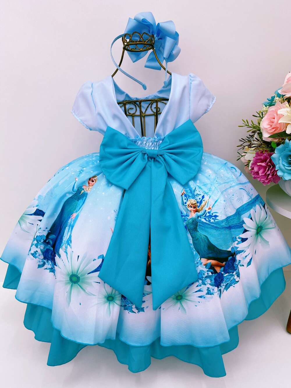 Vestido Infantil Frozen Elsa Azul Cinto Pérolas Luxo