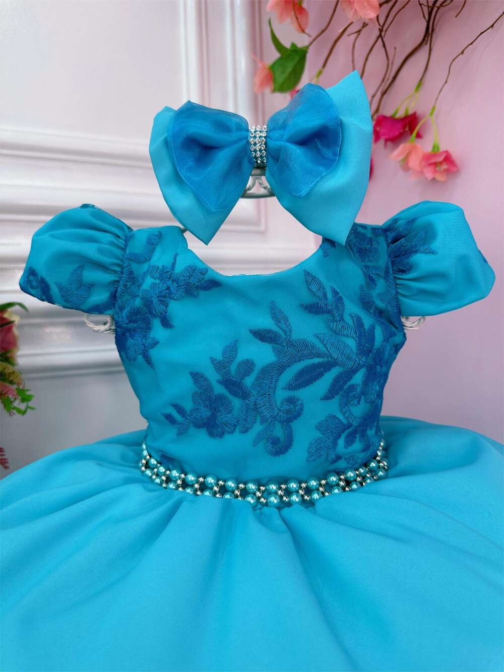 Vestido Infantil Verde Tiffany C/ Renda Laço e Cinto Pérolas