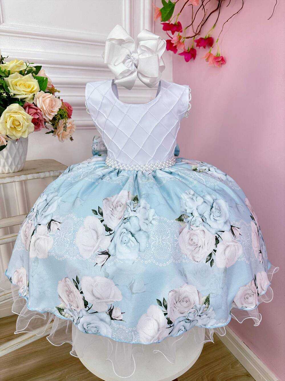 Vestido Infantil Peito Nervura Branco Azul Florido Pérola