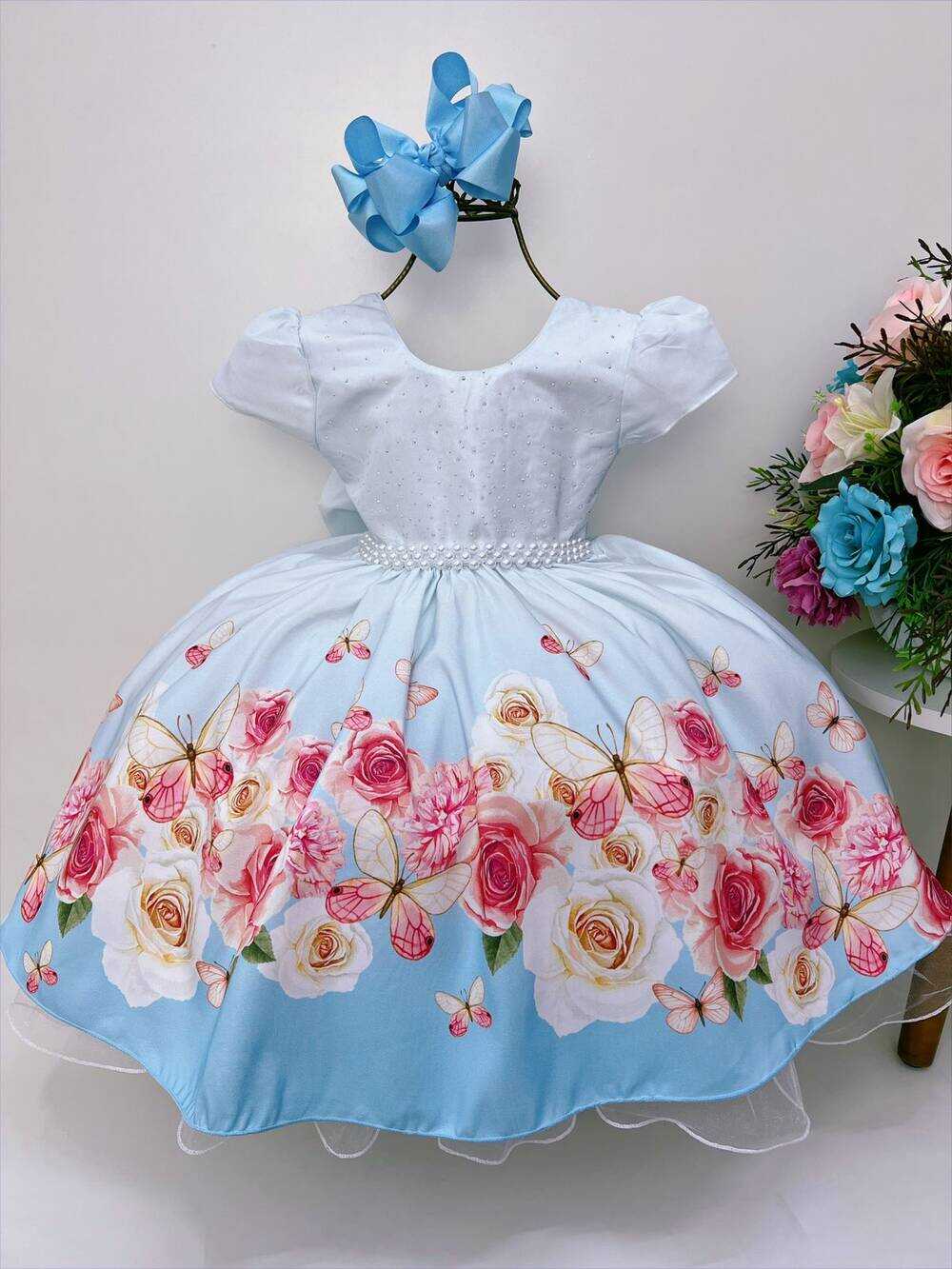 Vestido Infantil Azul Bebê Jardim das Borboletas com Pérolas