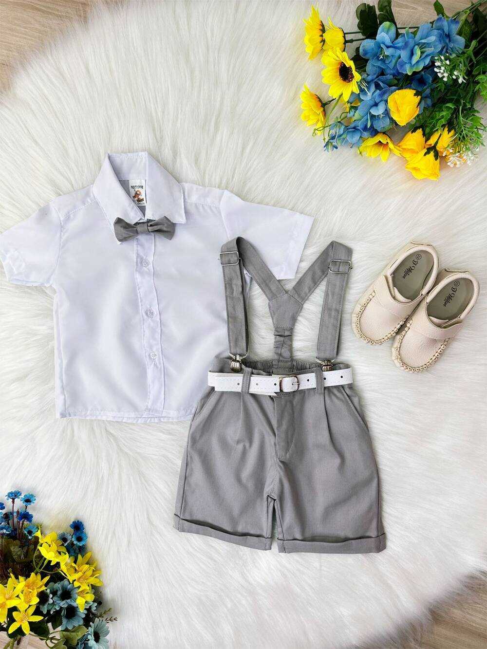 Conjunto Social Short Susp. Gravata Cinza e Camisa Branca